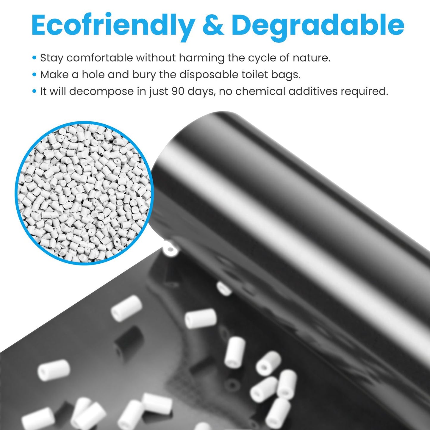 Black roll of biodegradable dog waste bags next to degradable plastic pellets and ecofriendly header text