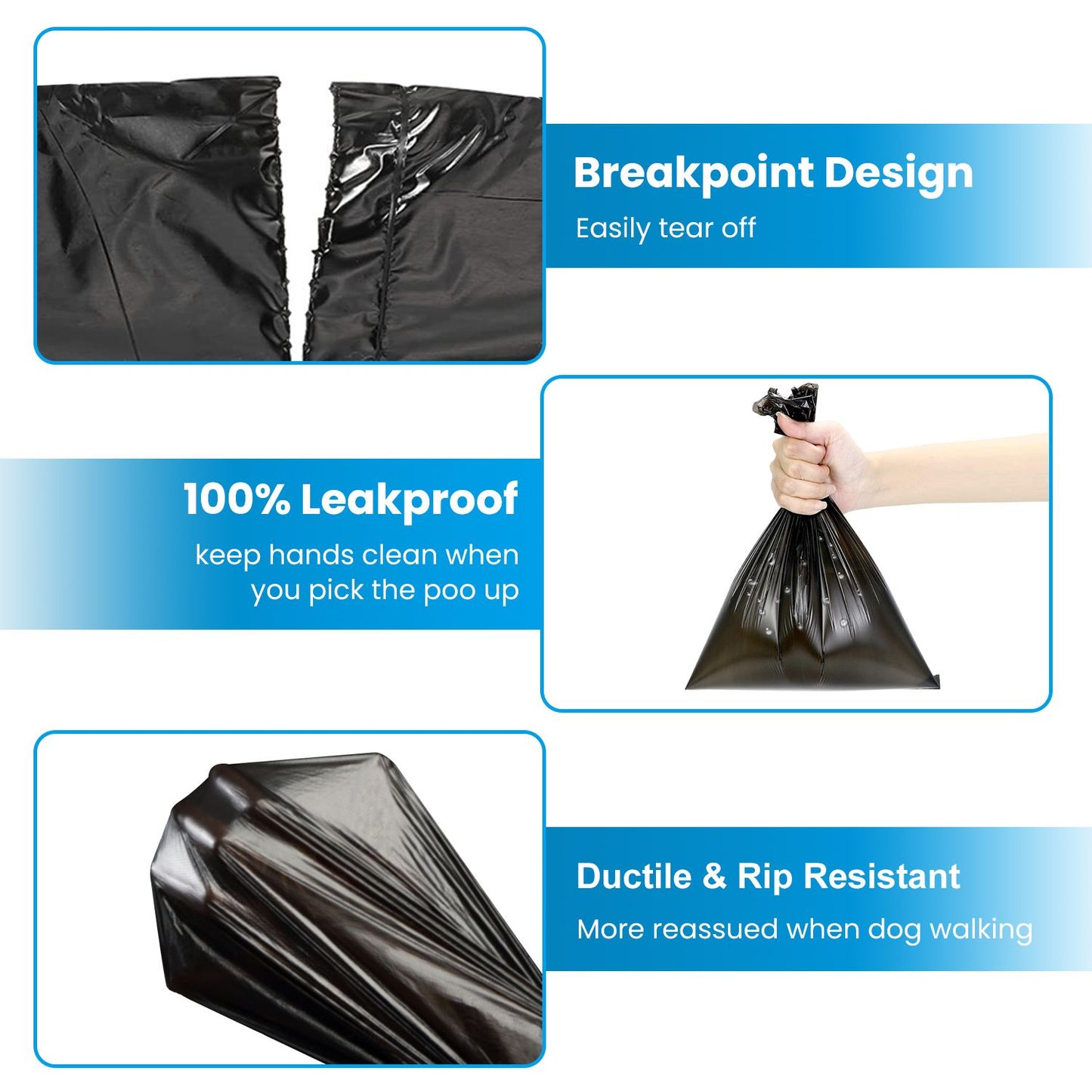 Close-up montage of bag breakpoint, hand gripping a filled bag, and stretched bag showing leakproof and rip resistance