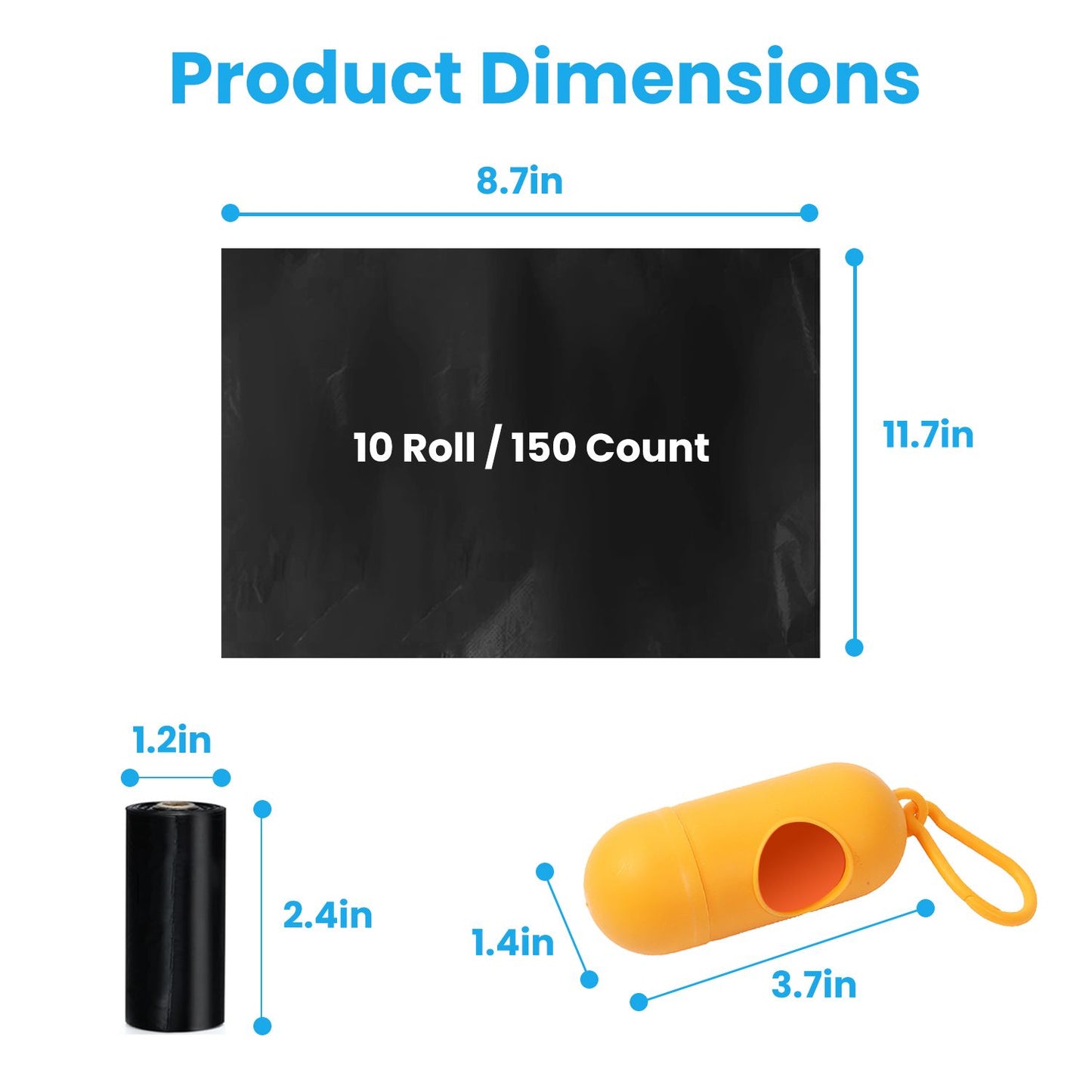 Product dimensions graphic showing a 10 roll 150 count bag, bag size 8.7x11.7 in and dispenser and roll measurements