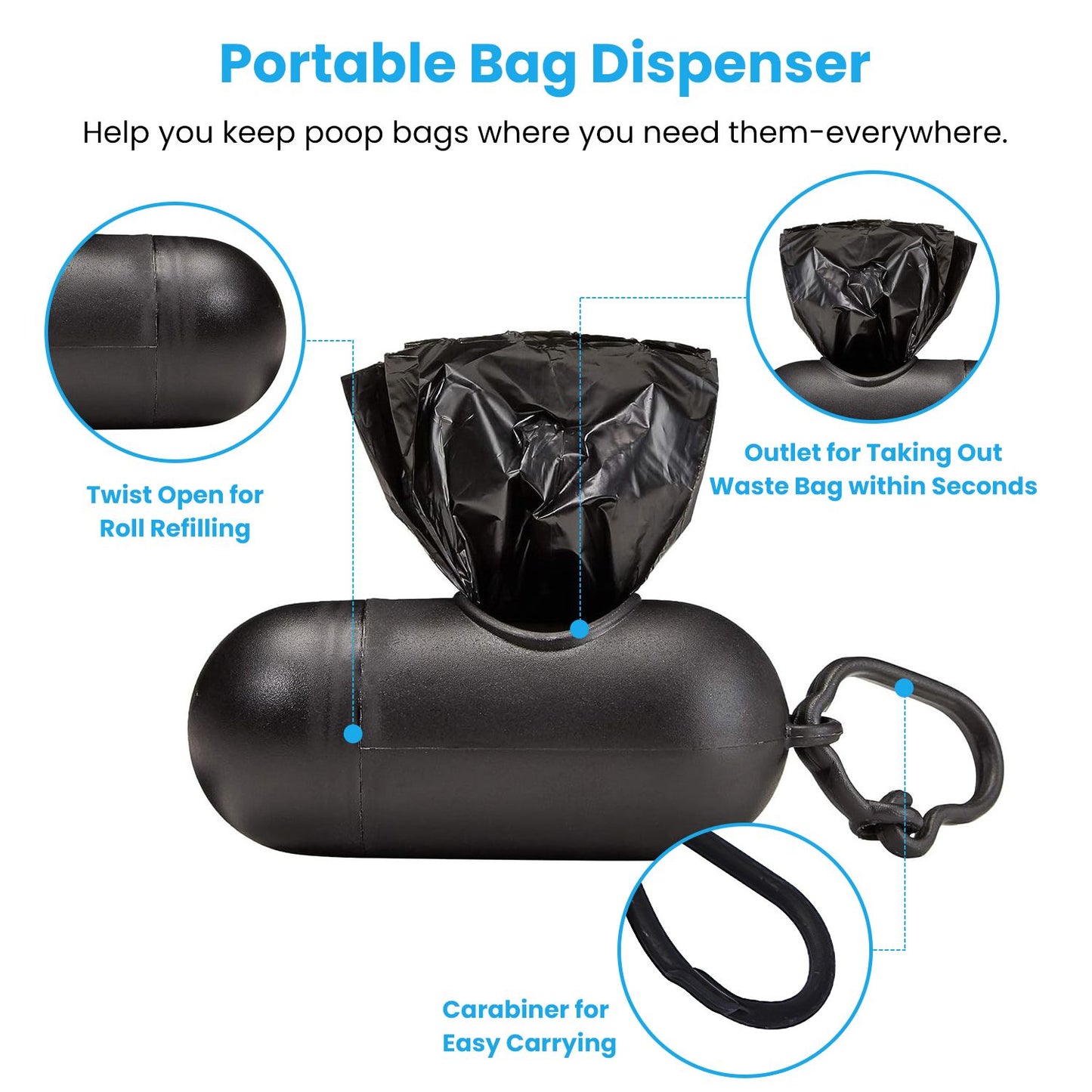 Black capsule bag dispenser with twist-open seam, outlet for pulling bags and attached carabiner