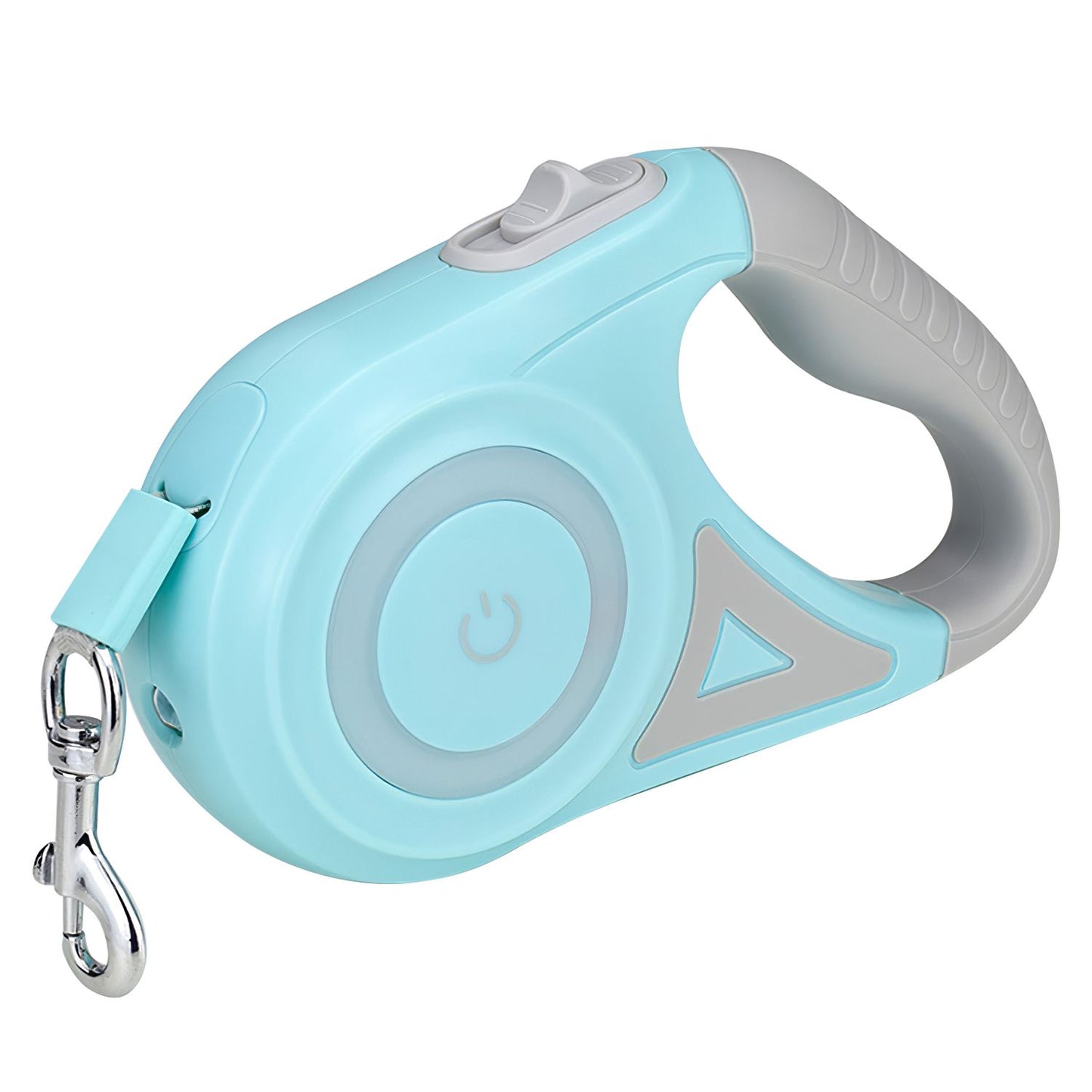 light blue retractable dog leash with grey handle and RGB ring