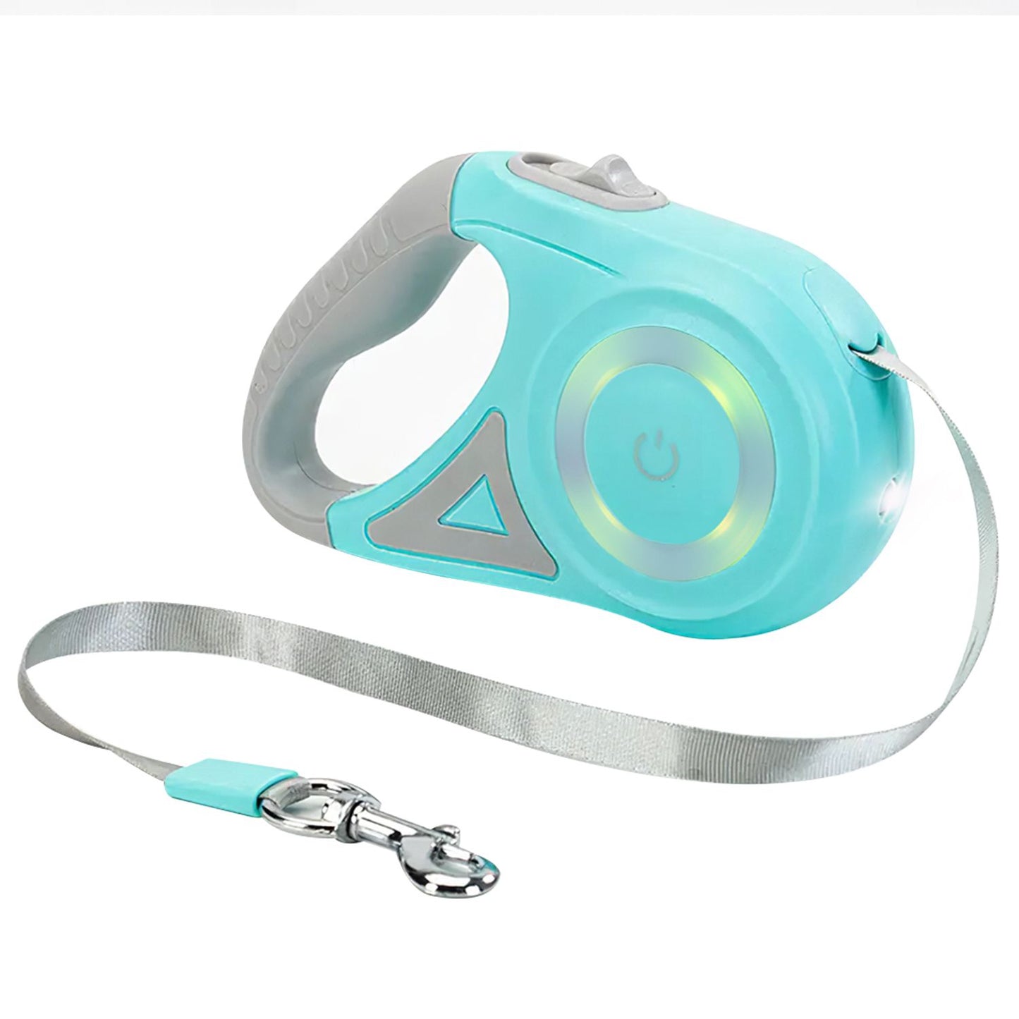 front view of aqua retractable leash with glowing RGB ring and snap hook