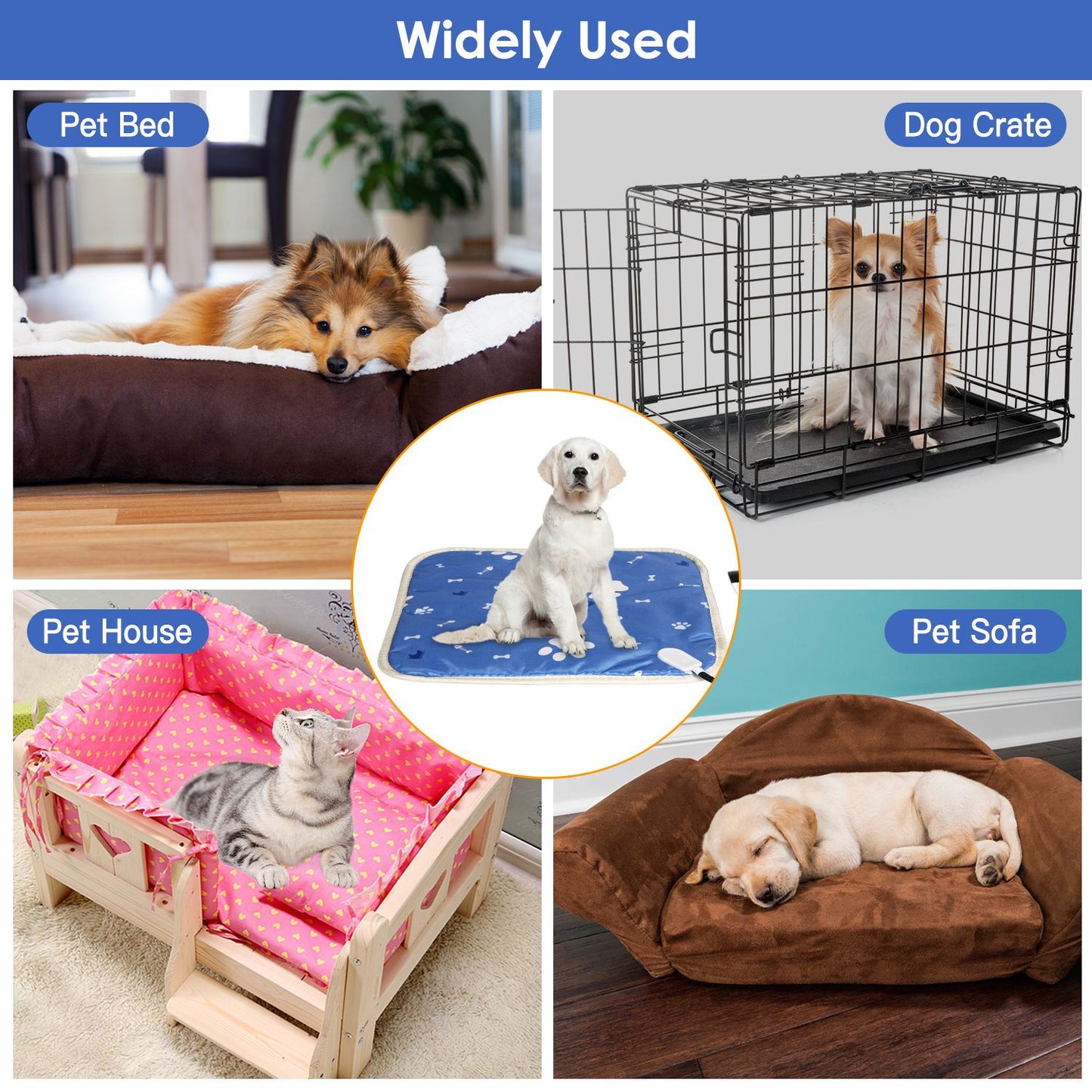 Collage of heated pet pad used in pet bed, crate, house and sofa environments
