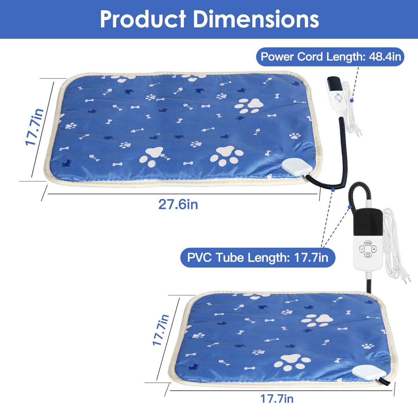 Dimensions diagram of blue pet heating pad with size and cord length measurements for S and L options