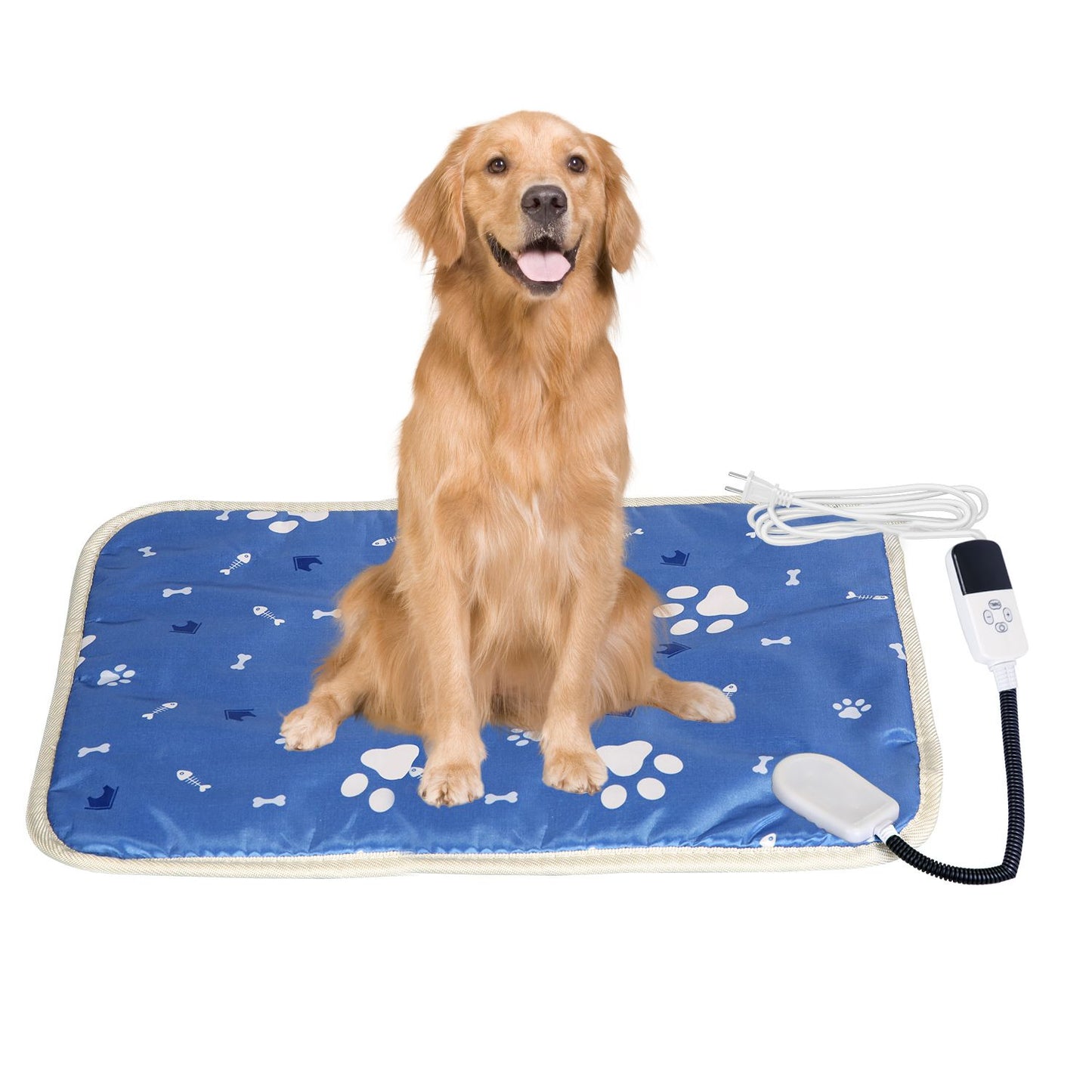Studio shot of blue pet heating pad flat with dog seated and controller cable to the right