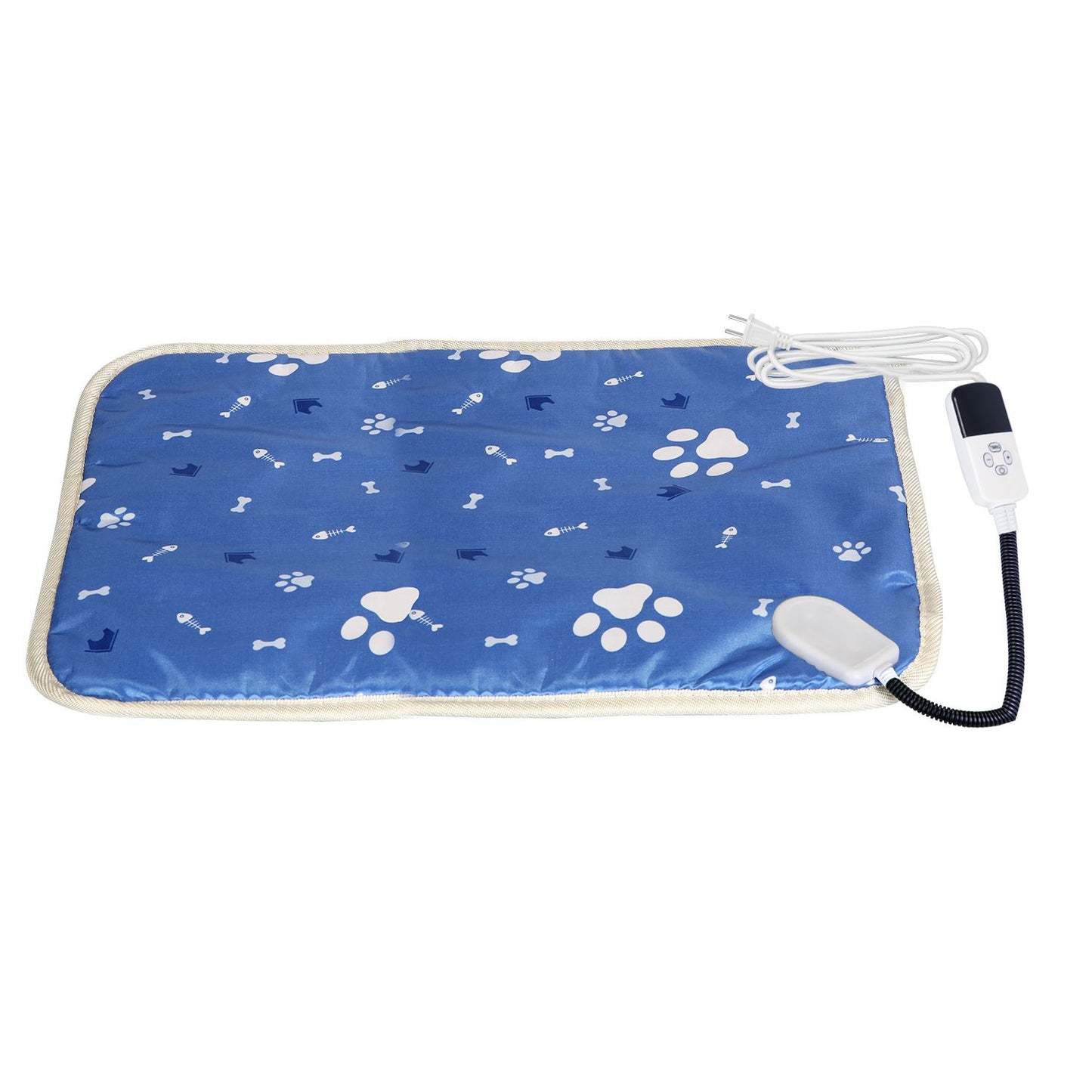 Flat-lay of blue waterproof pet heating pad with paw print pattern and connected controller