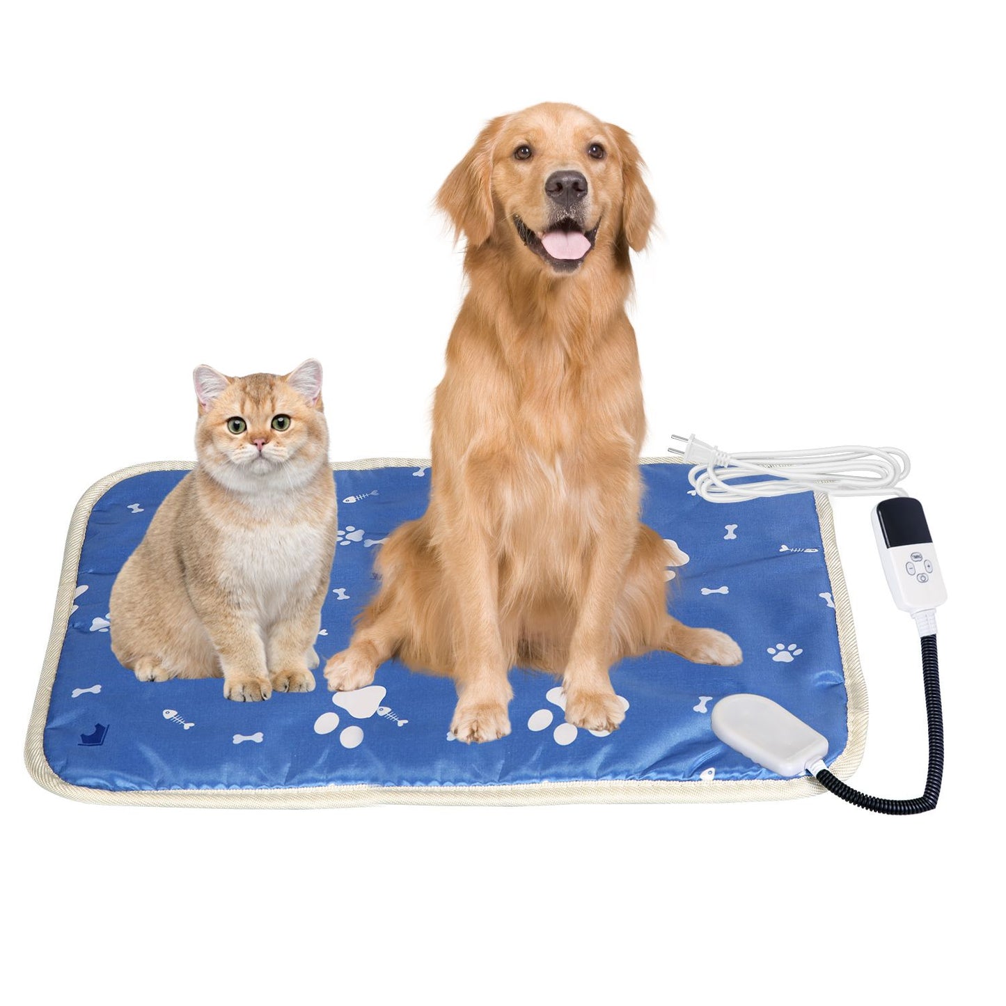 Blue heated pad with a cat and a dog sitting together showing pad supports multiple small pets