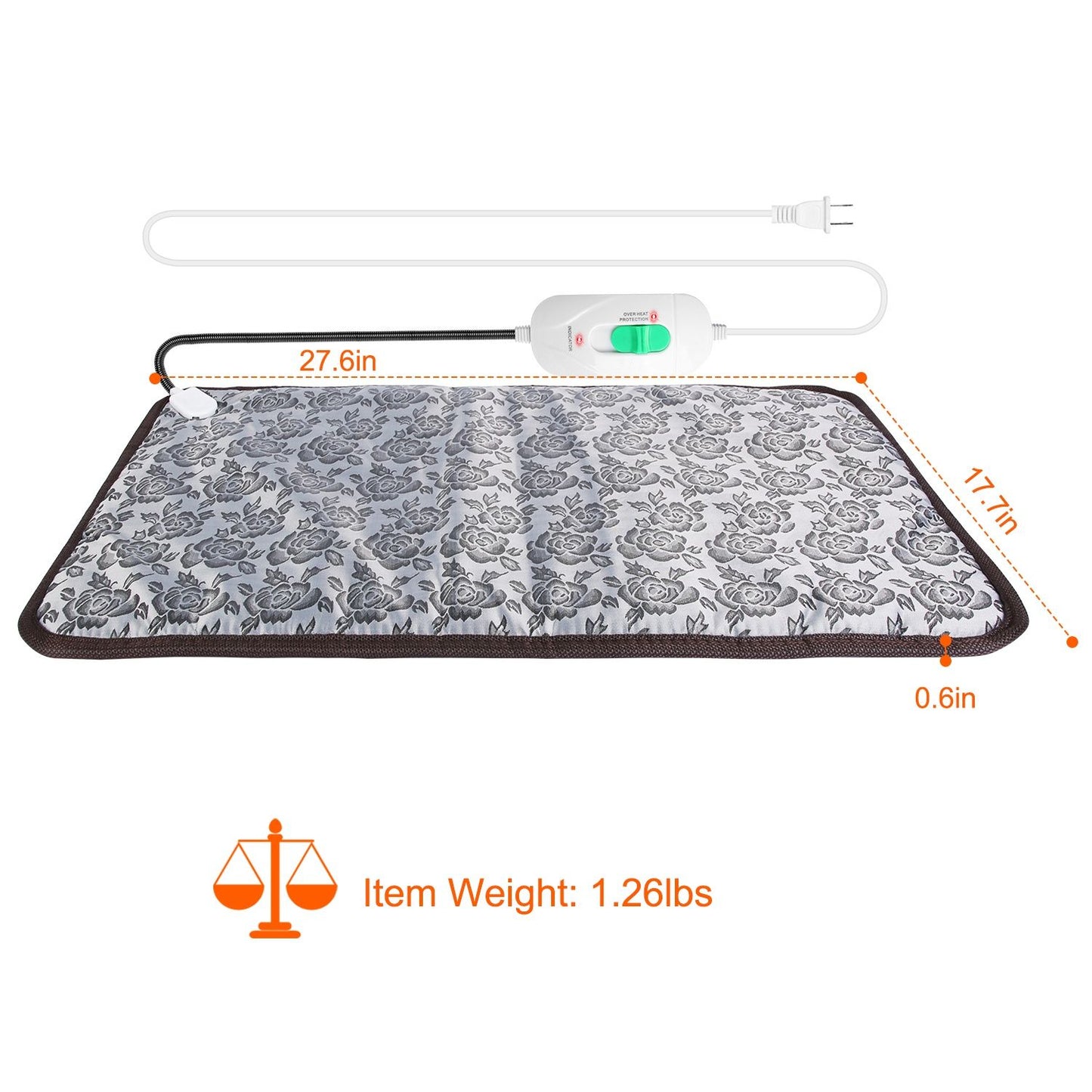 Heating pad with dimensions 27.6x17.7 in and controller shown