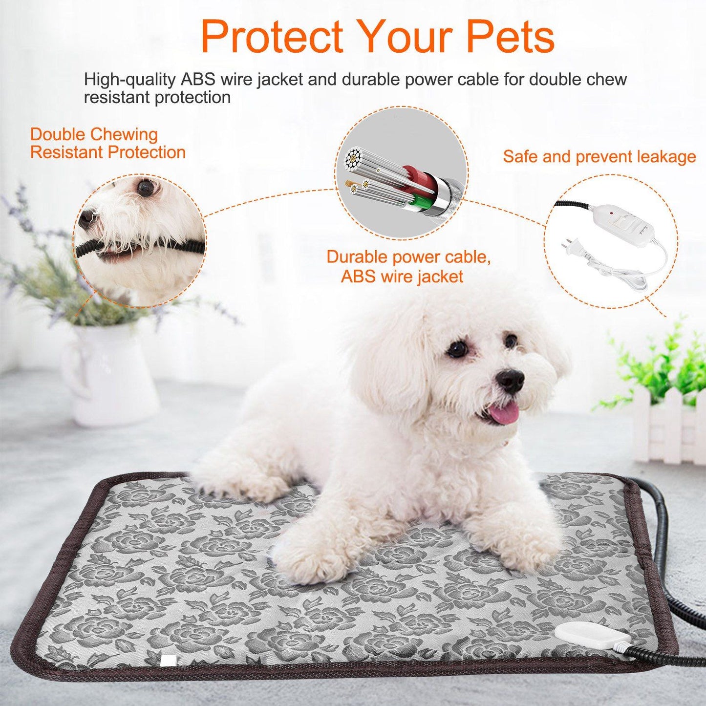 Small dog on floral heating pad with chew-resistant cord and controller