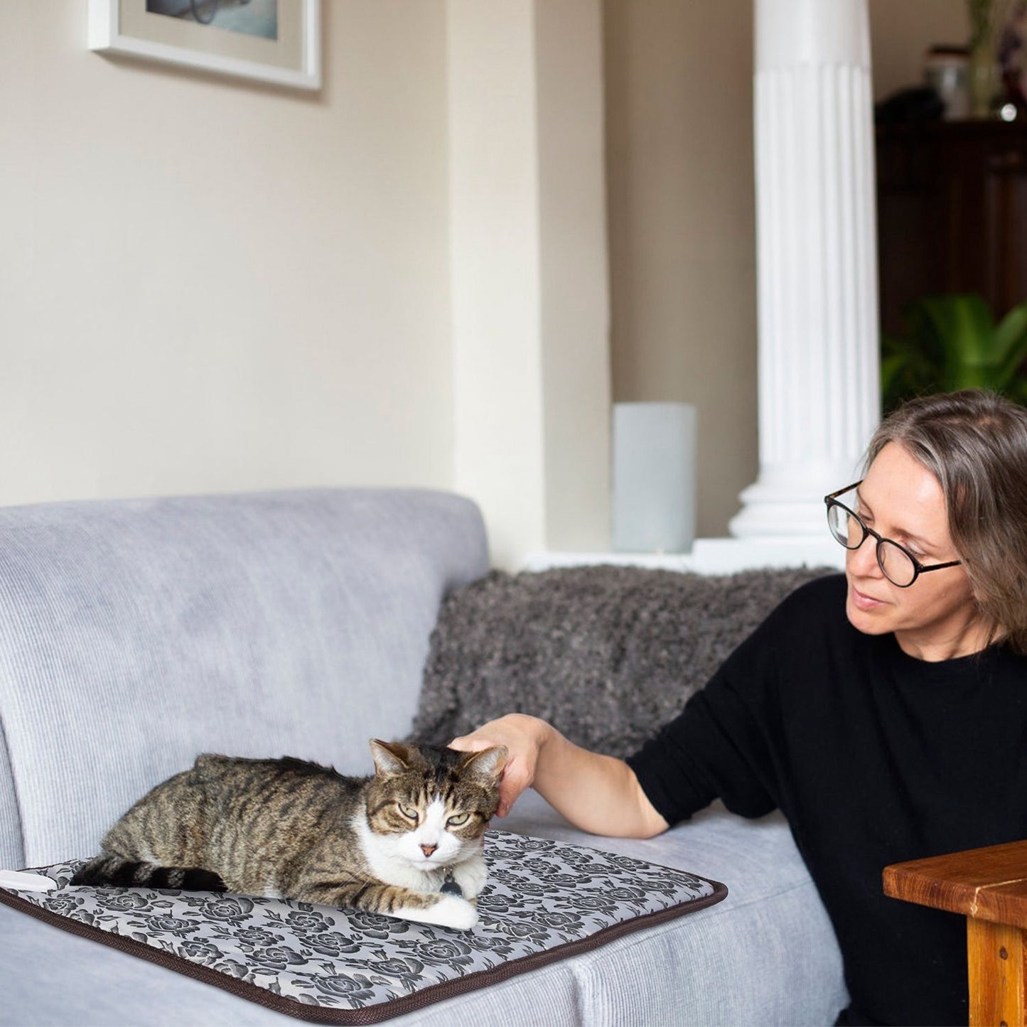 Tabby cat on floral heated pad on sofa being petted