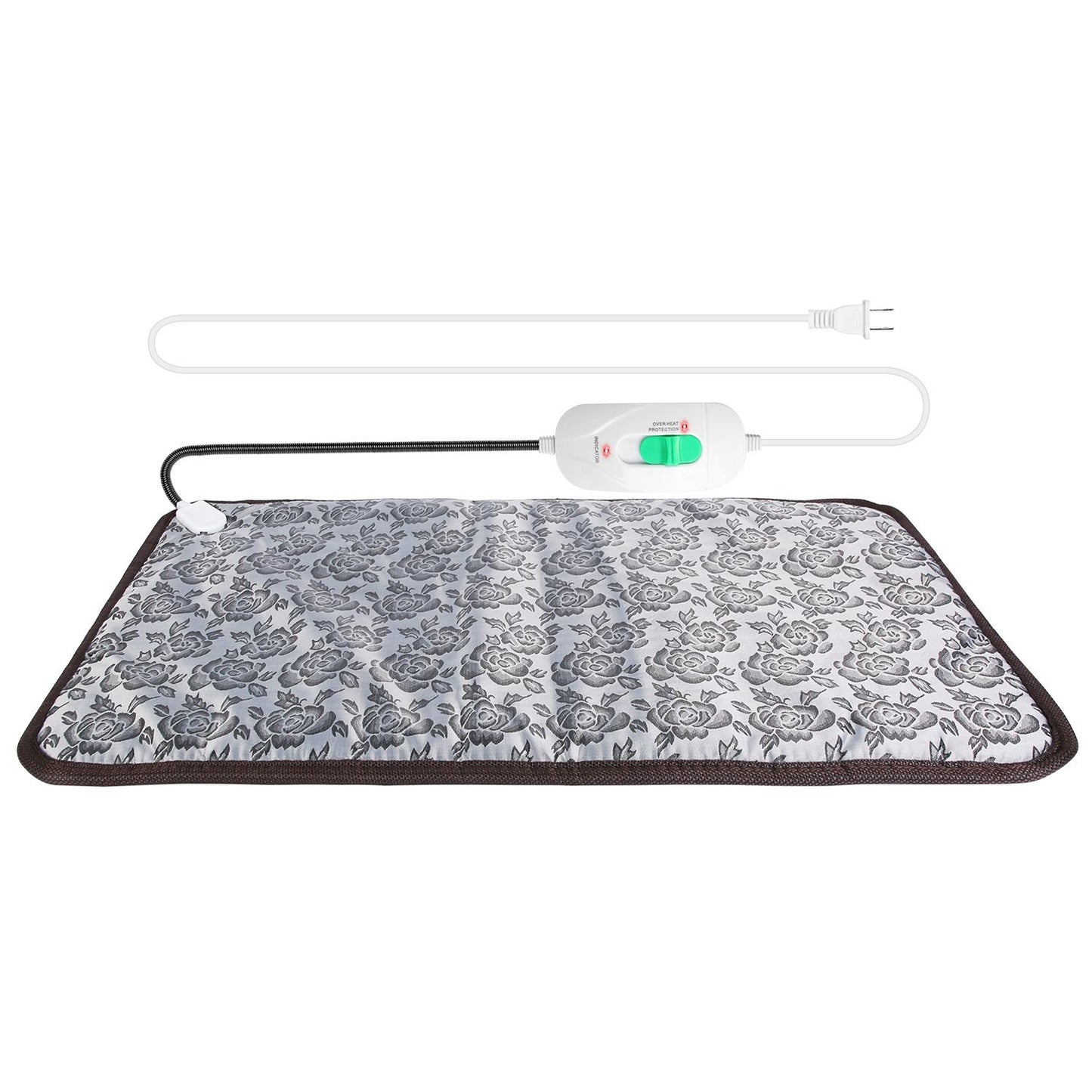 Flat floral heating pad with black cord jacket and white controller