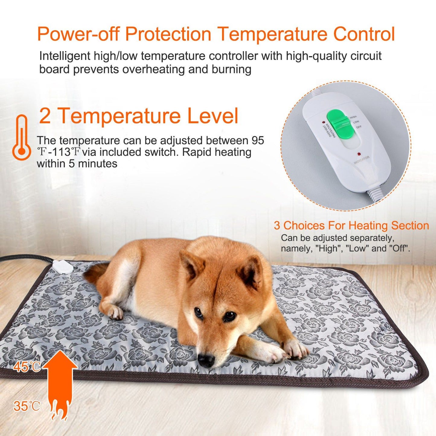 Floral heating pad with controller showing temperature control and dog