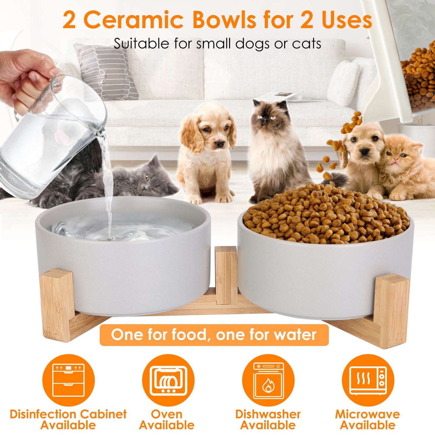 Two grey ceramic pet bowls in a wooden stand as water is poured into one, product care icons visible.