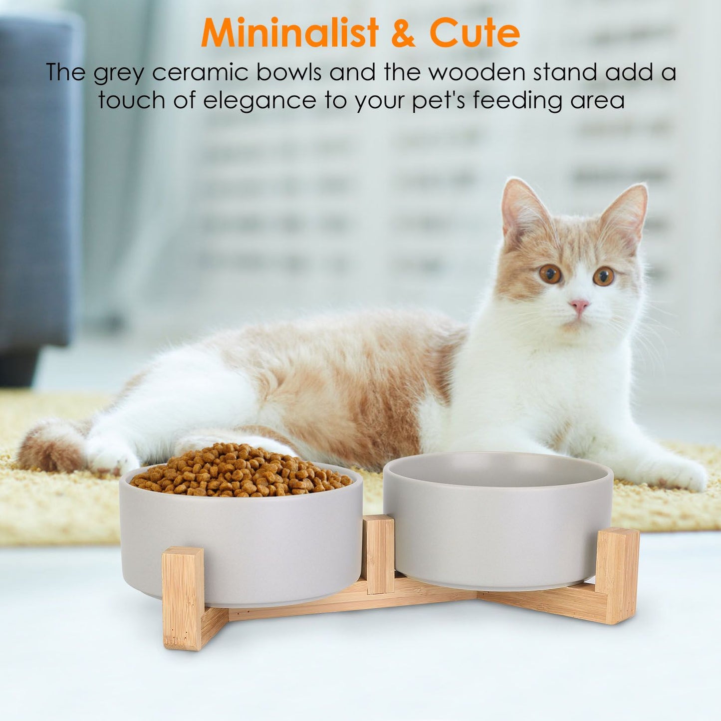 Minimalist grey ceramic double bowls on a wooden stand with one bowl filled with dry food.