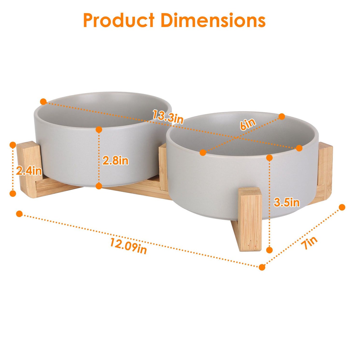 Product dimensions diagram for double ceramic bowls and wooden stand showing measurements in inches.