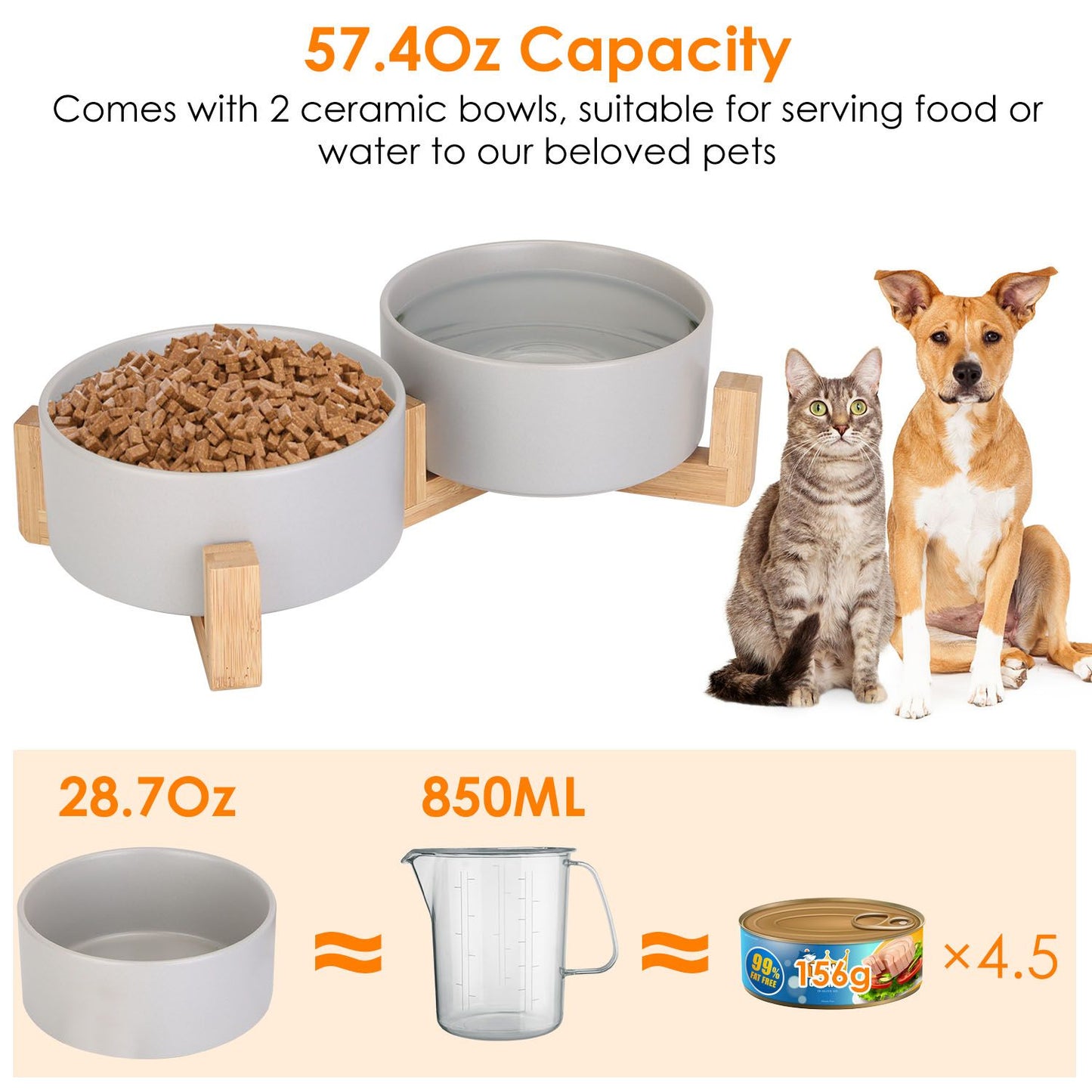 Double 28.7oz ceramic bowls on wooden stand with capacity labels and kibble shown.