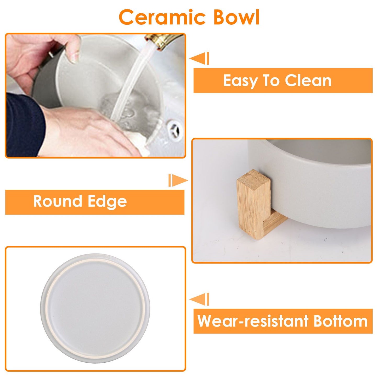 Close-up details of grey ceramic bowl being rinsed, rounded edge, and wear-resistant bottom.