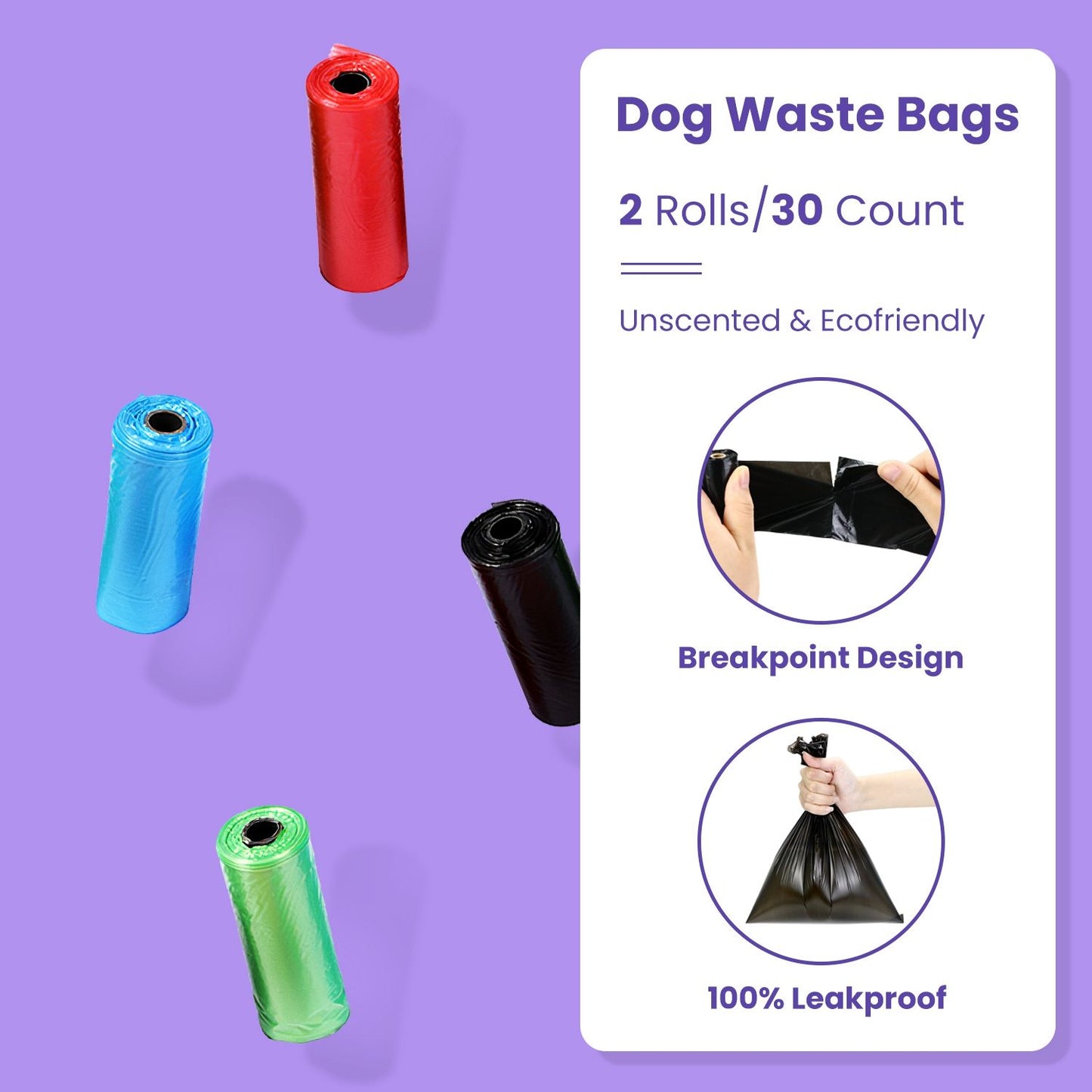 two rolls of dog waste bags and listing of breakpoint design and leakproof feature