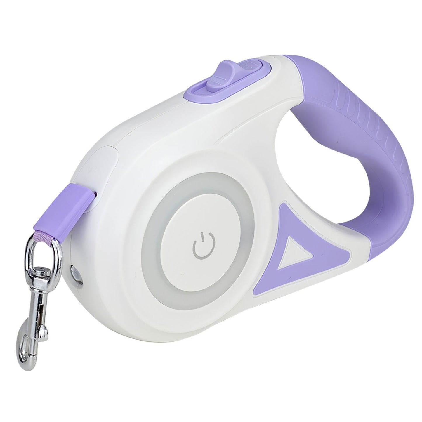 angled view of white and purple retractable leash showing power button and handle grip