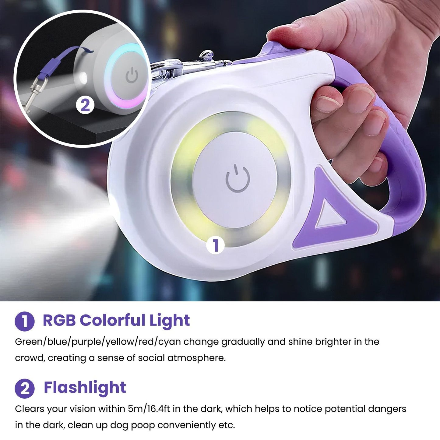 handheld close-up showing flashlight beam and RGB ring touch control on leash