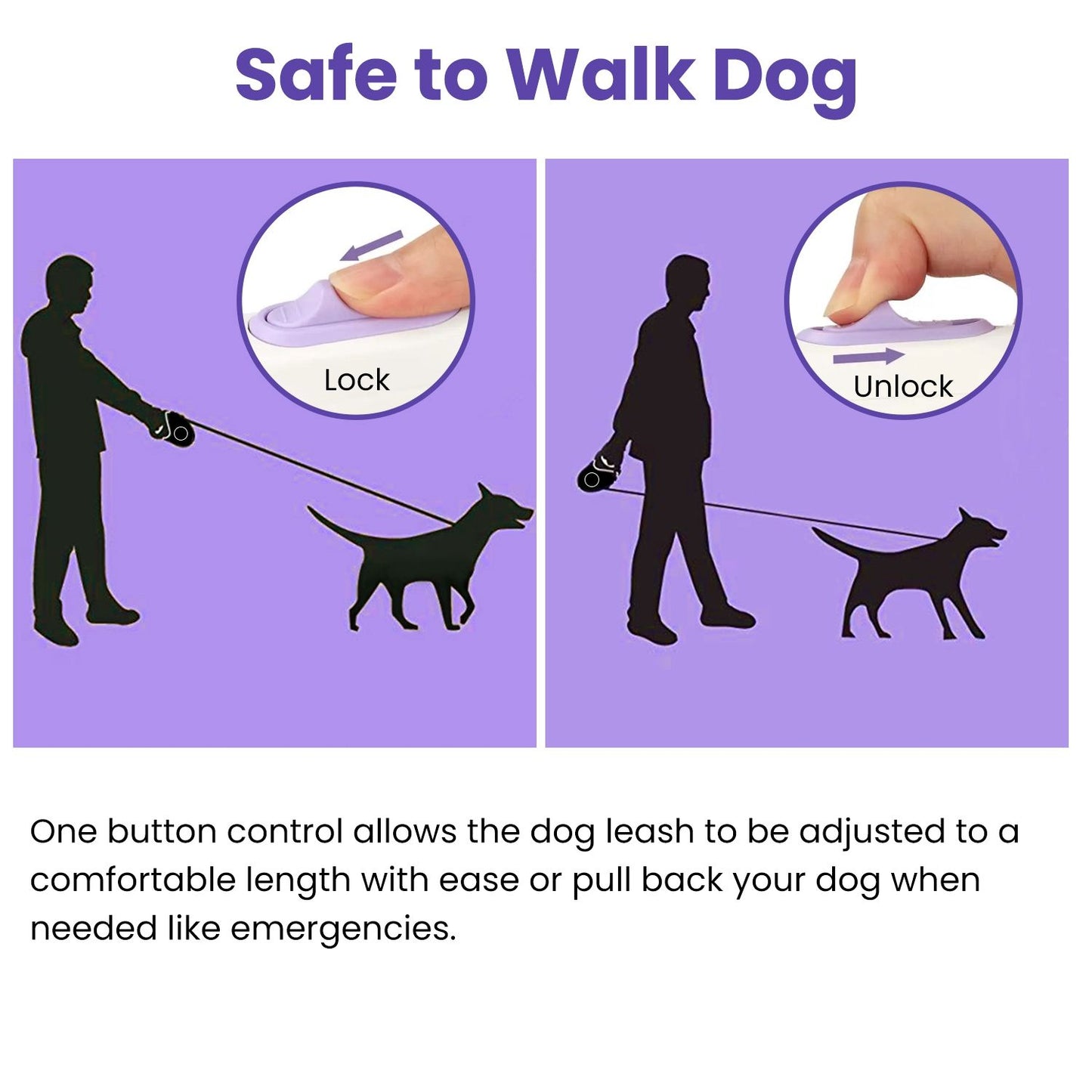 infographic showing one-button lock and unlock operation for the retractable leash