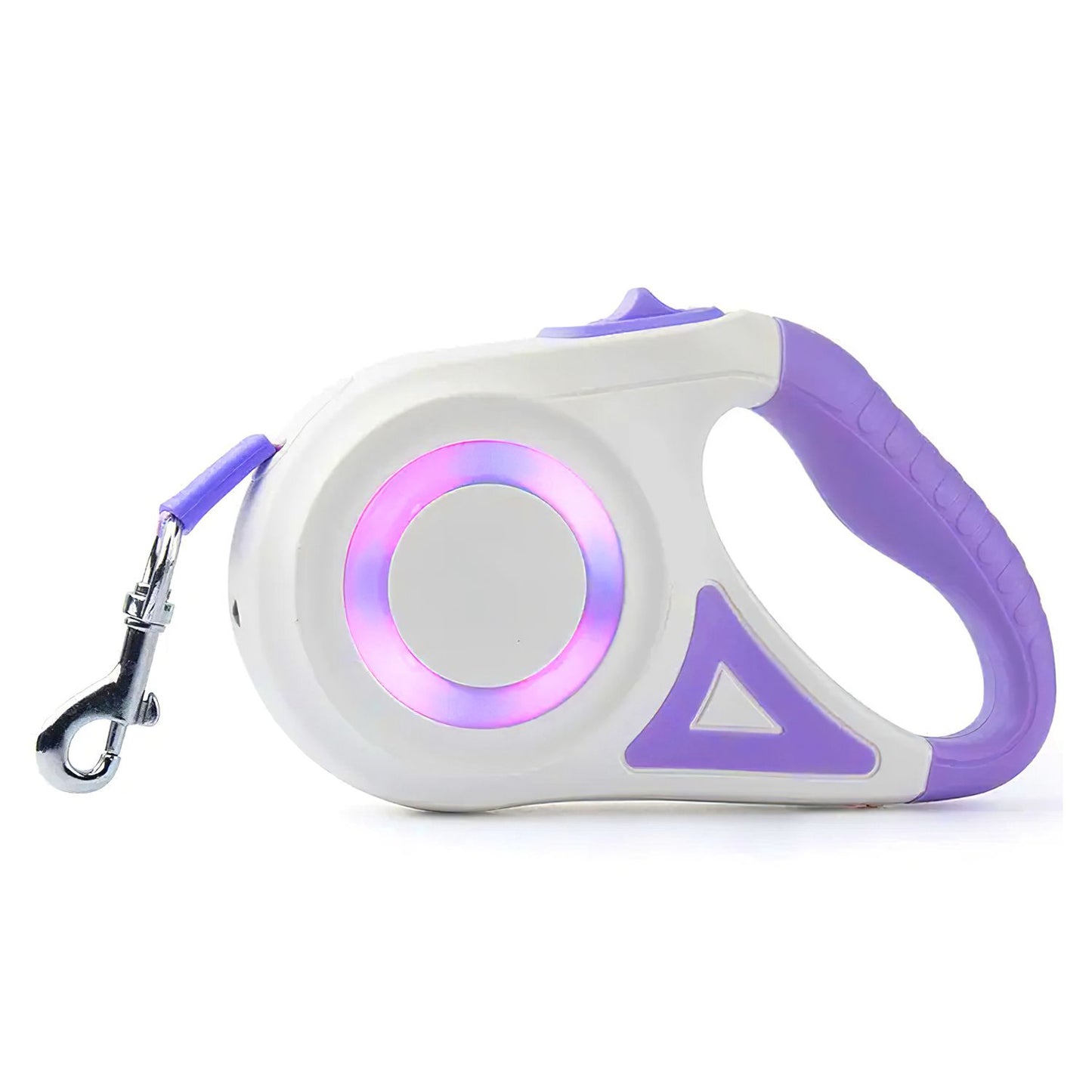 side profile of leash with pink RGB ring, ergonomic handle and metal snap hook
