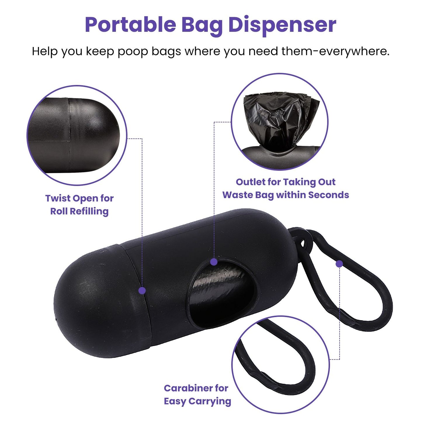 small black capsule waste bag dispenser with twist-open refill and carabiner loop
