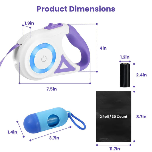 dimension diagram showing leash case size, waste bag roll and dispenser measurements