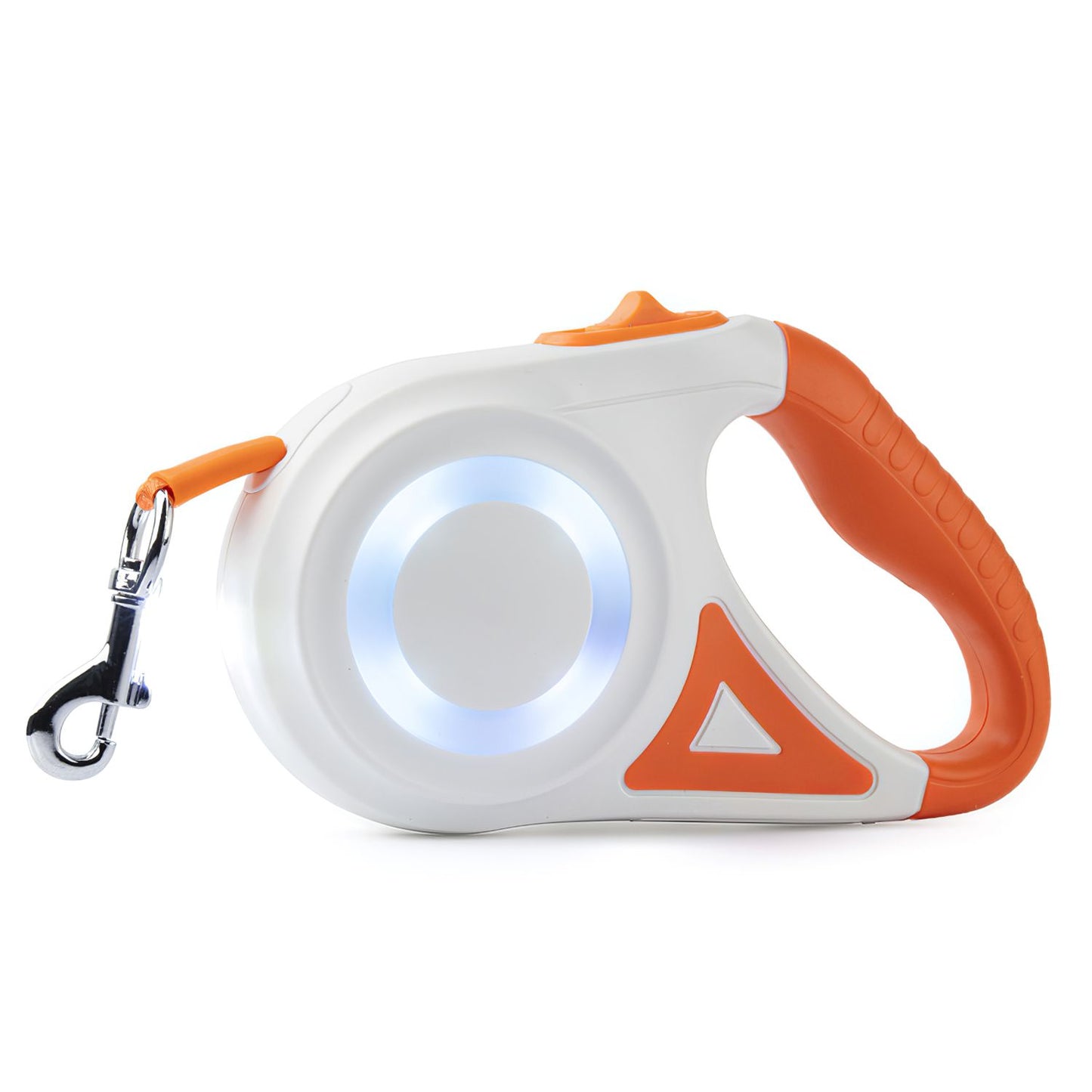 angled view of white and orange retractable leash showing lock slider and ergonomic handle