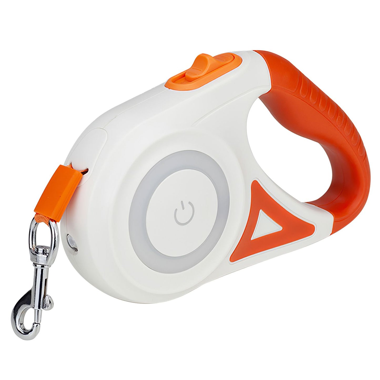 side view of white retractable leash with orange accents and short exposed orange leash