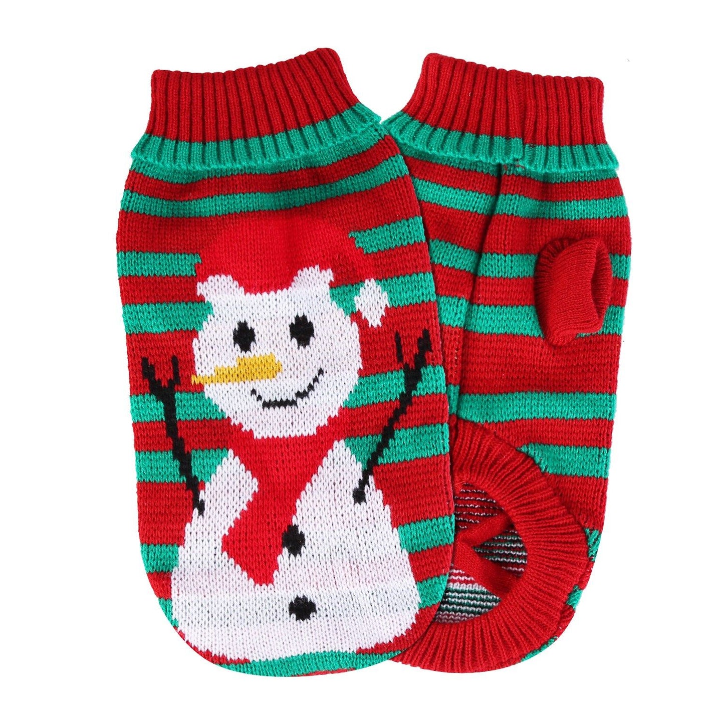 Two cats wearing holiday sweaters beside tree and presents in living room scene