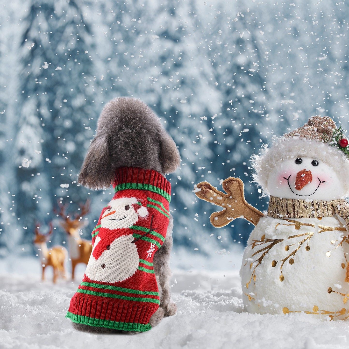 Striped sweater rotated to show leg opening alongside the snowman sweater