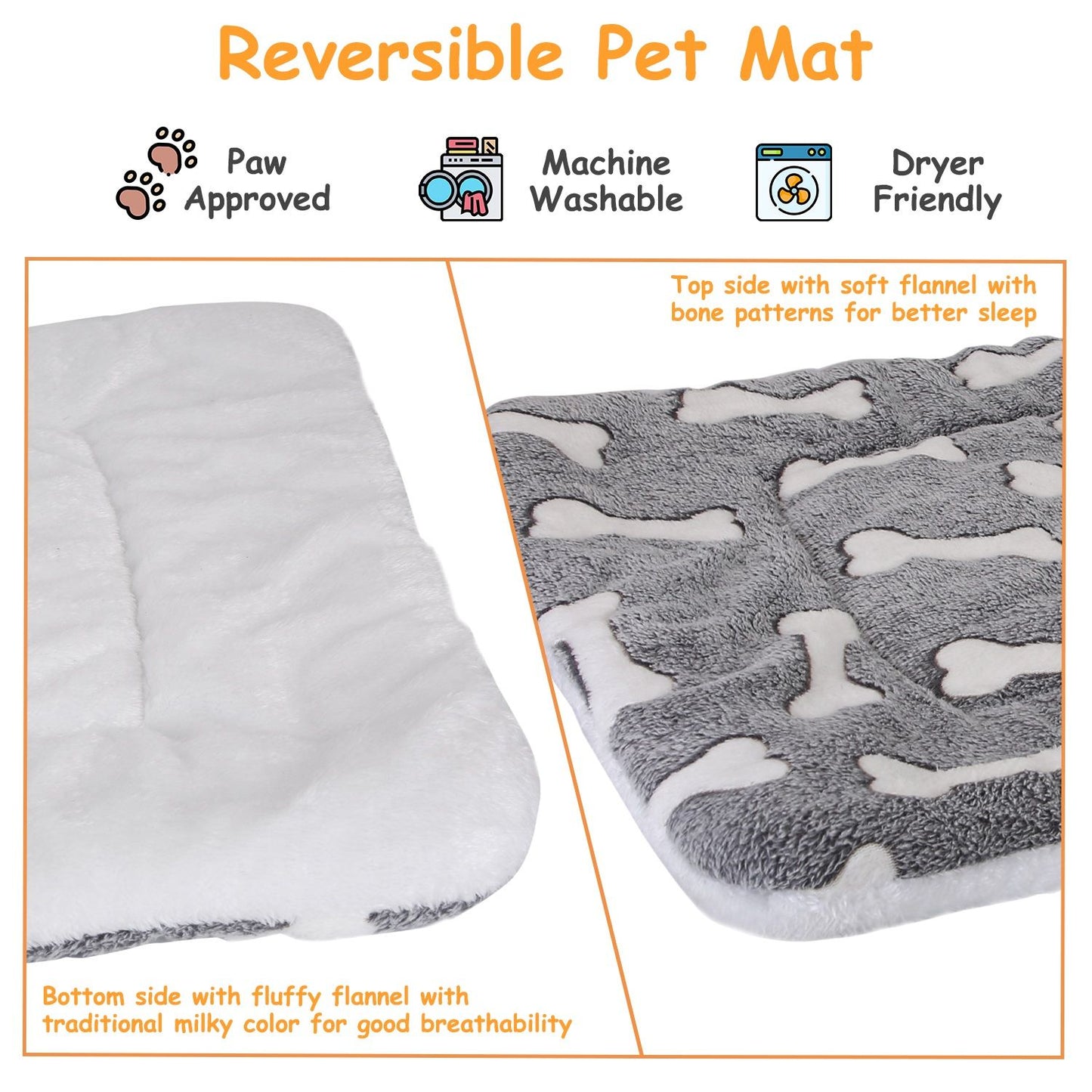 Close-up of reversible flannel dog mat showing grey bone top and white fluffy underside