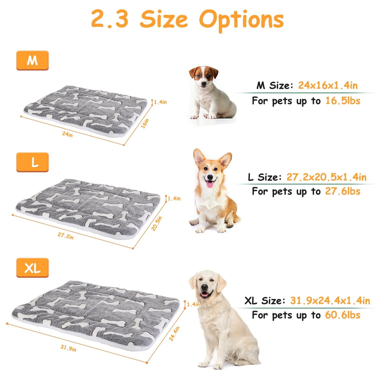 Size chart showing M L XL dog mat dimensions and pet weight recommendations