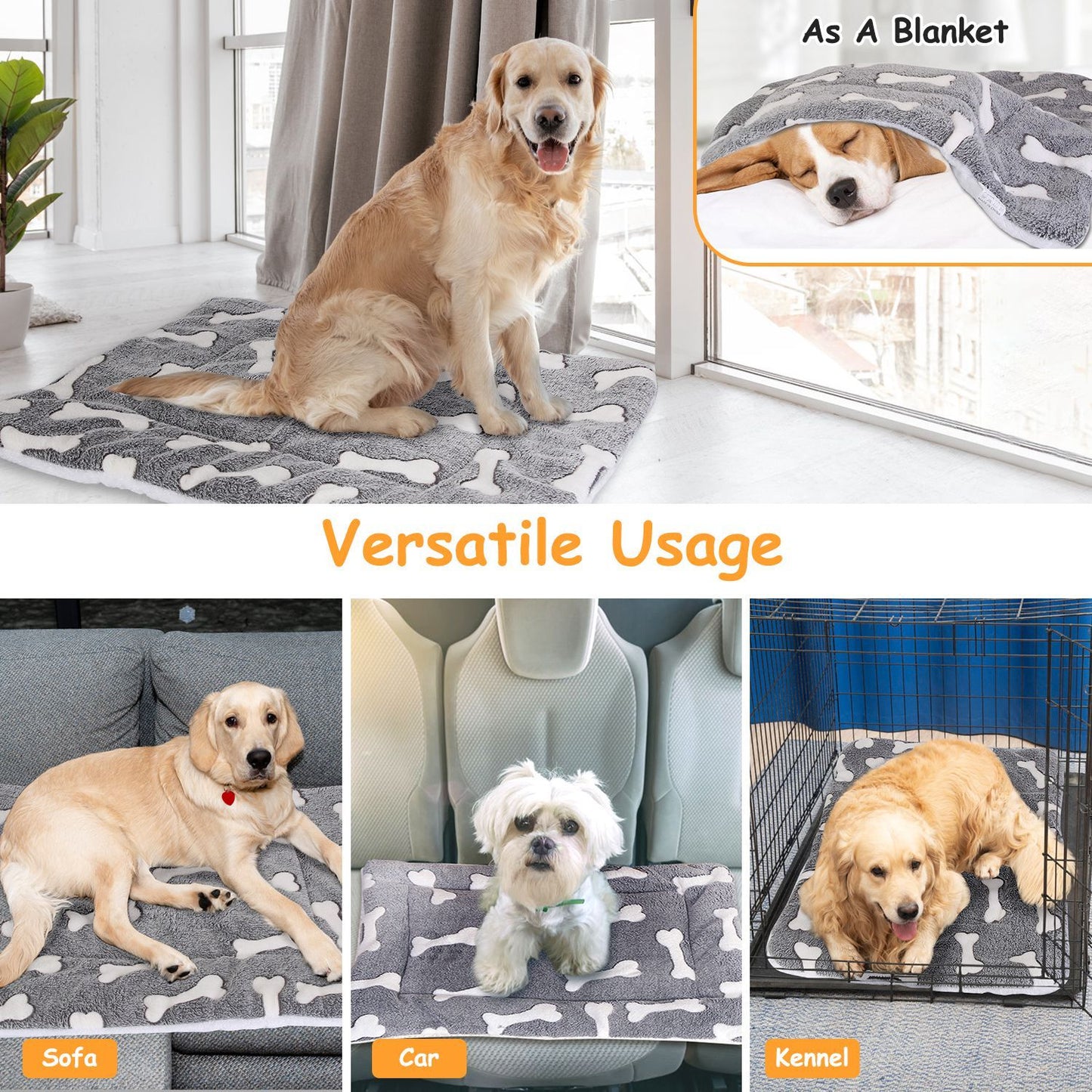 Collage of uses: mat as blanket, car seat protector, sofa pad and kennel liner