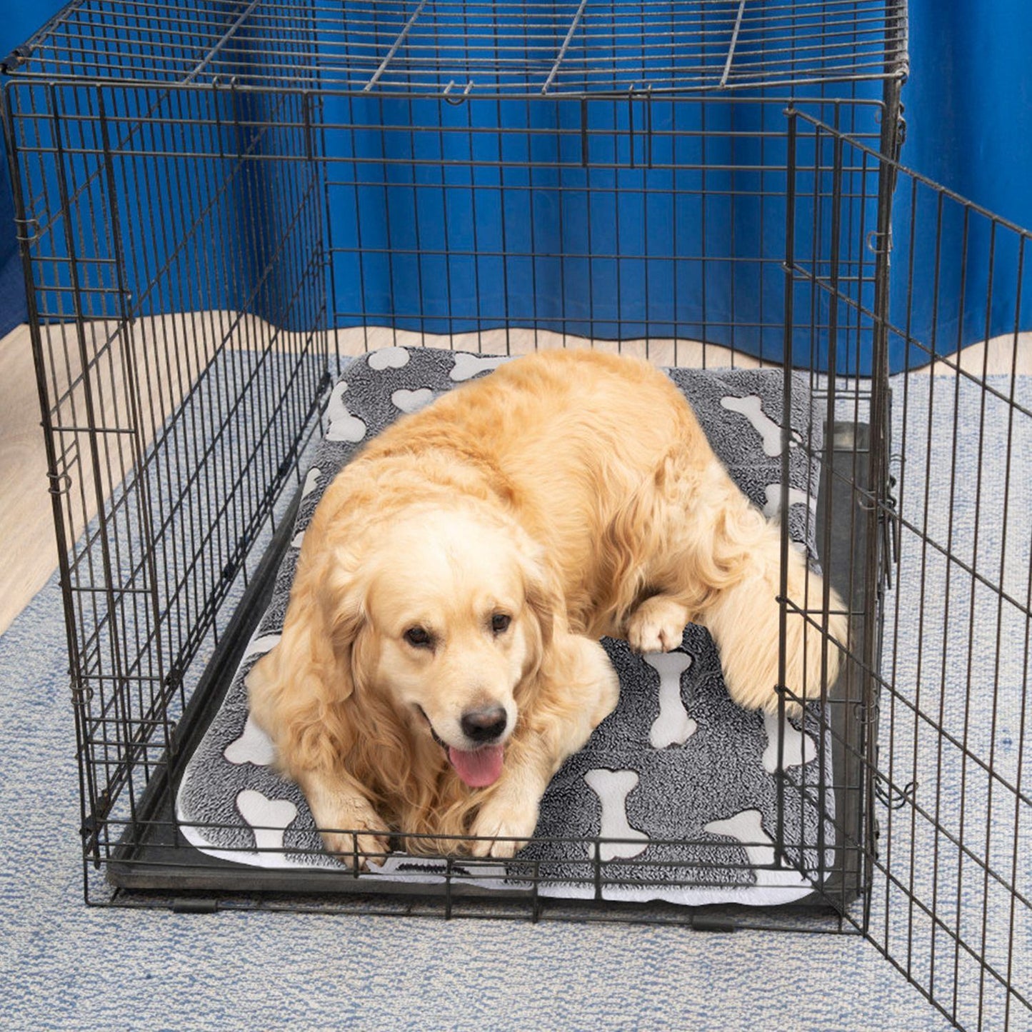 Dog resting on bone-pattern mat inside metal crate illustrating use as a kennel pad