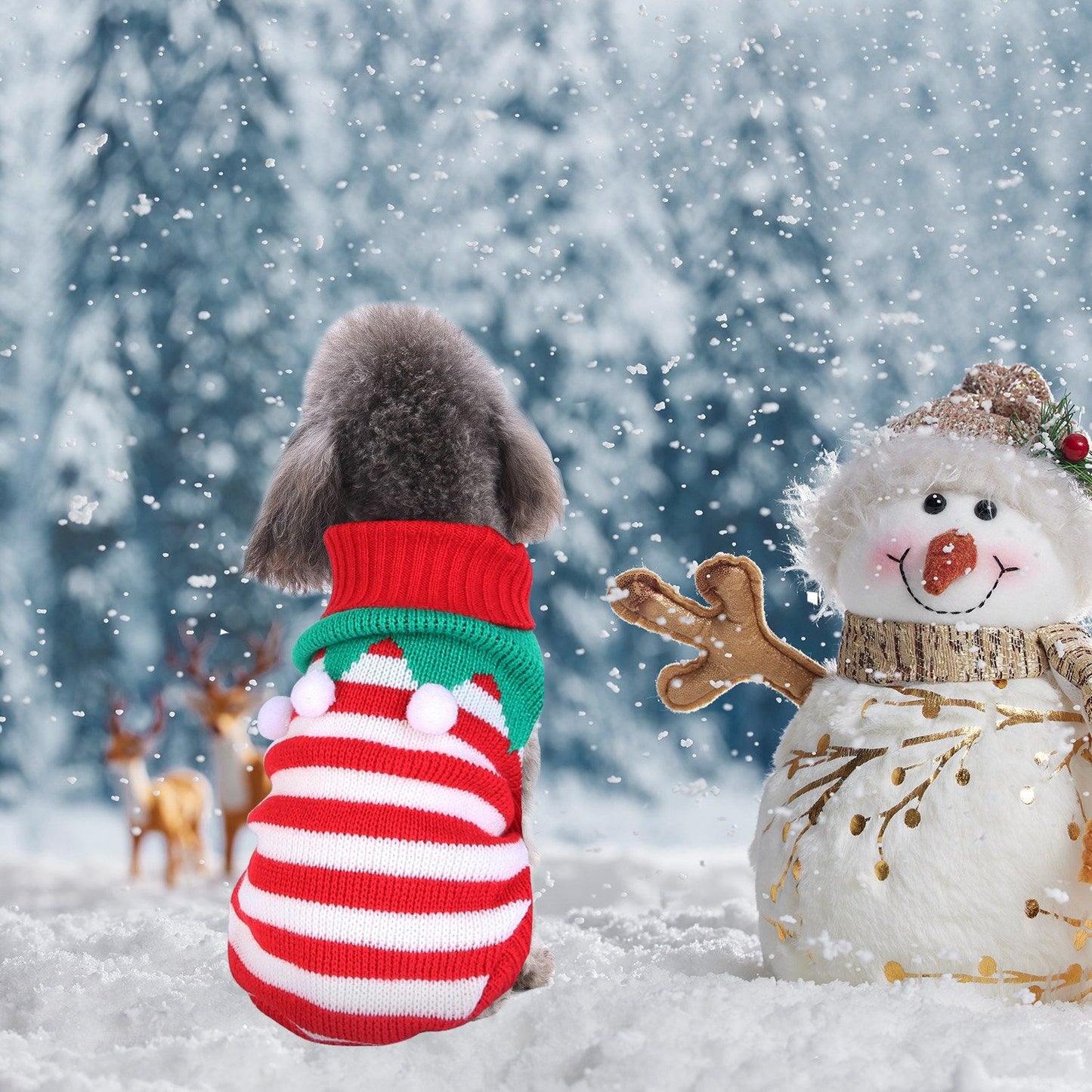Striped pom-pom sweater front paired with snowman sweater back on white background