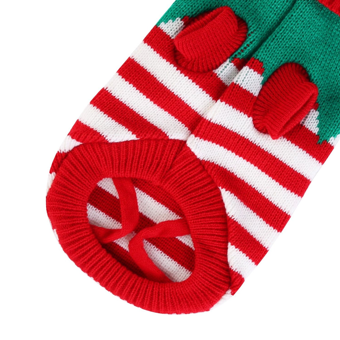 Interior leg opening view of snowman sweater showing inner stripes and cross straps for fit stabilization