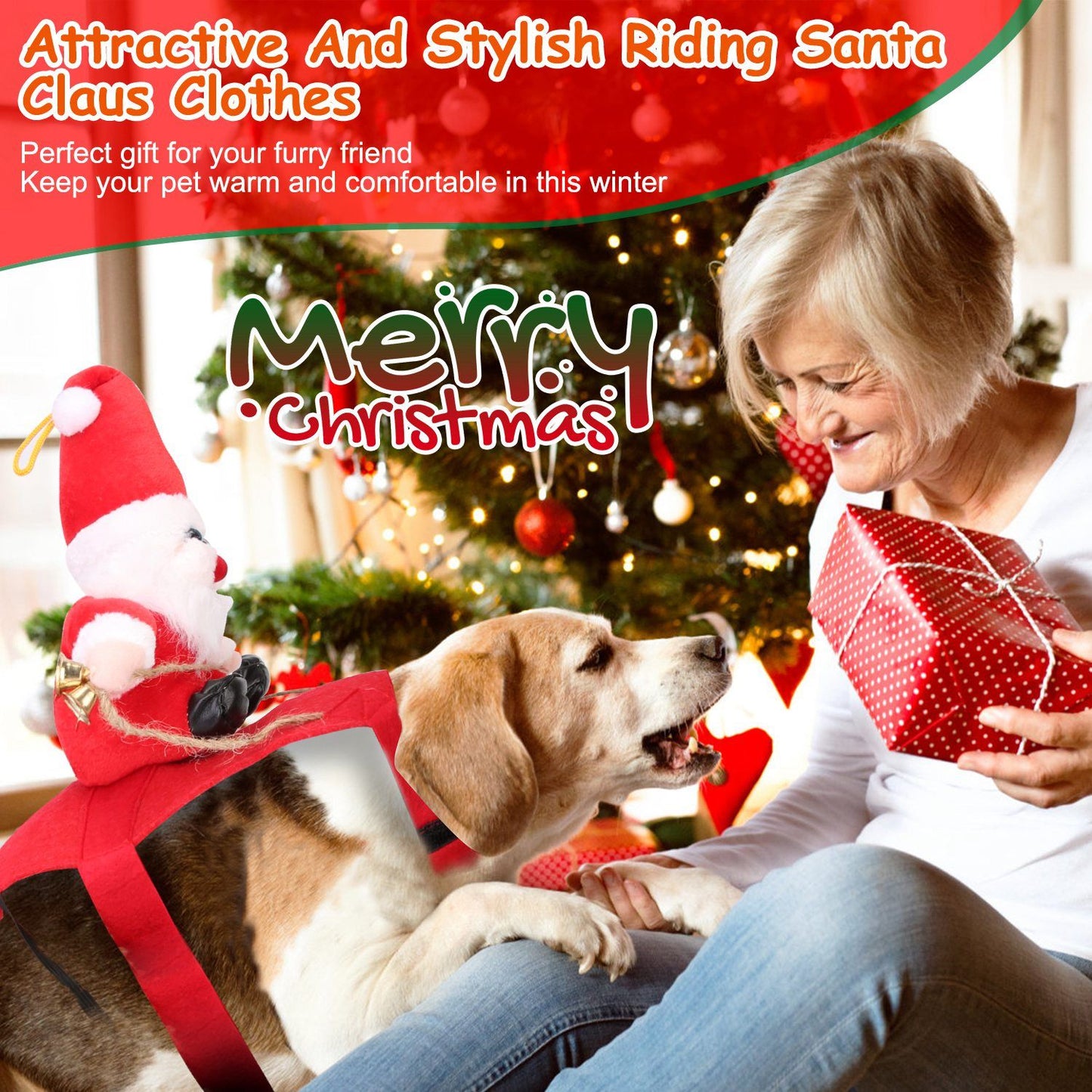 studio detail of Santa doll on saddle with reins and bell