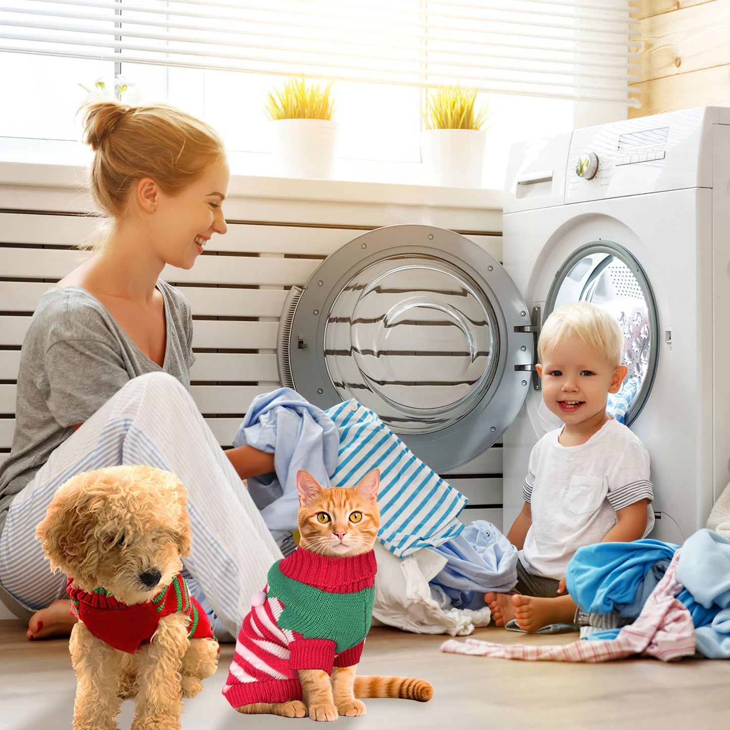 Cat and small dog wearing Christmas sweaters in a laundry room scene