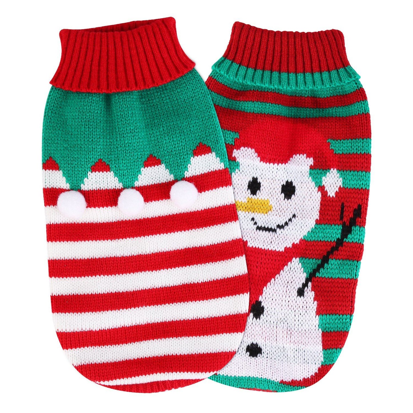 Snowman and striped pet sweaters shown together on white background for catalog use