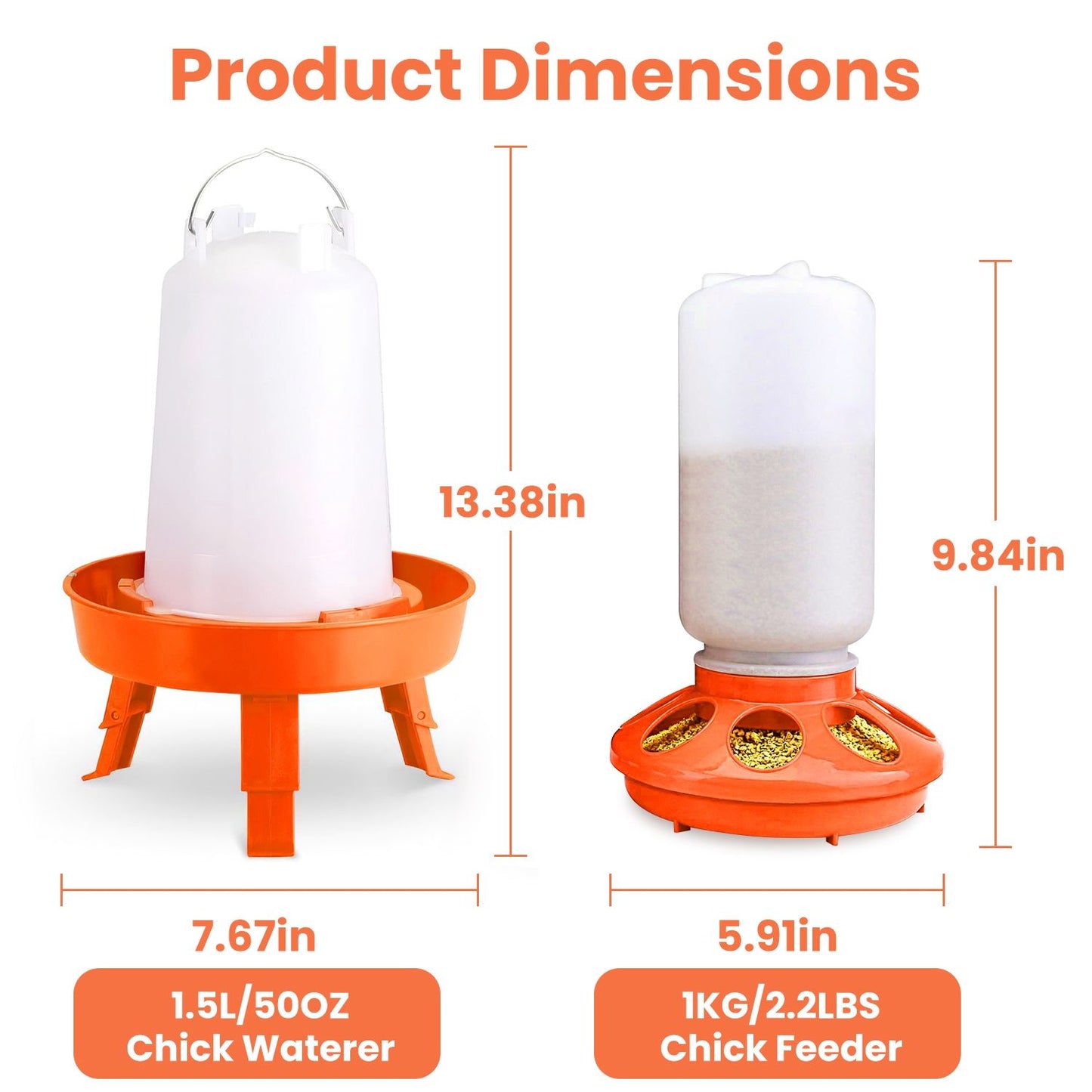 Dimensions graphic showing waterer 13.38in and feeder 9.84in with base diameters