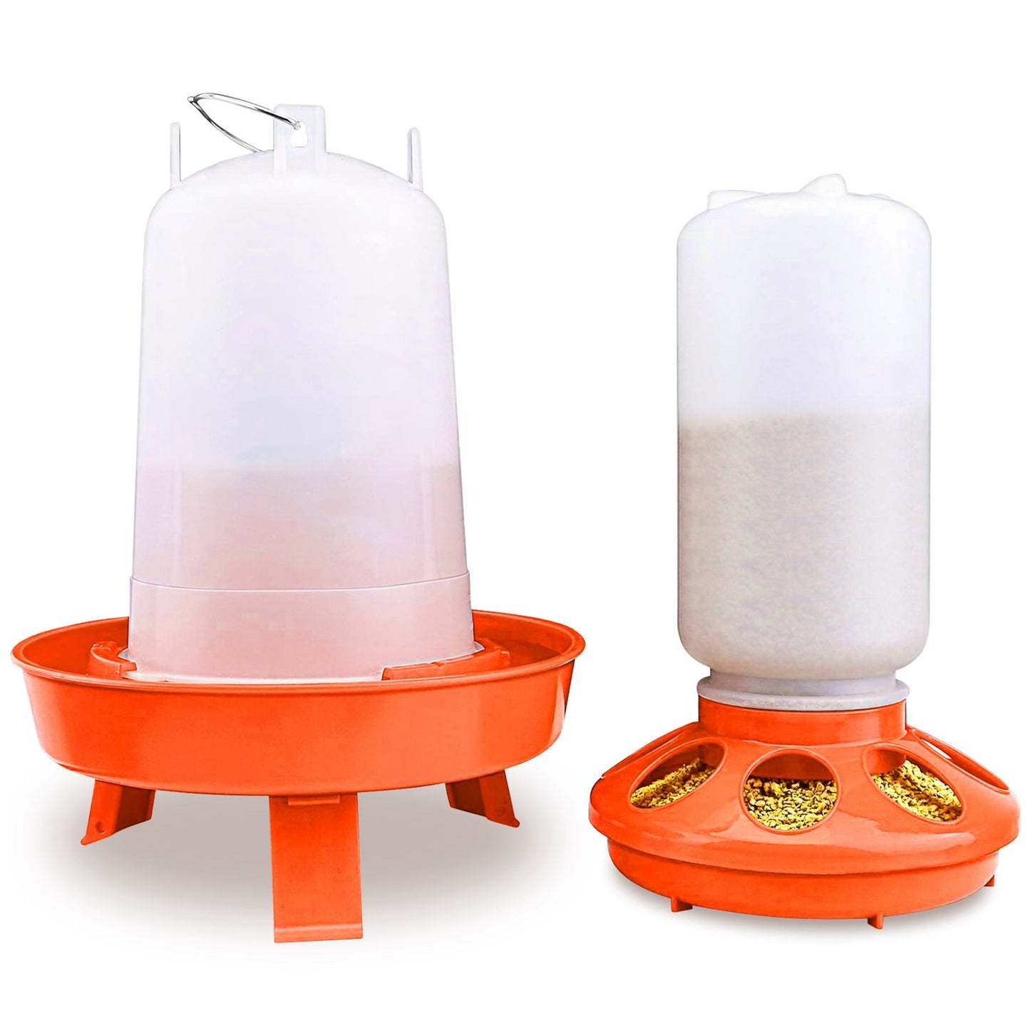 Studio shot of orange-base waterer with legs and round eight-hole feeder on white background