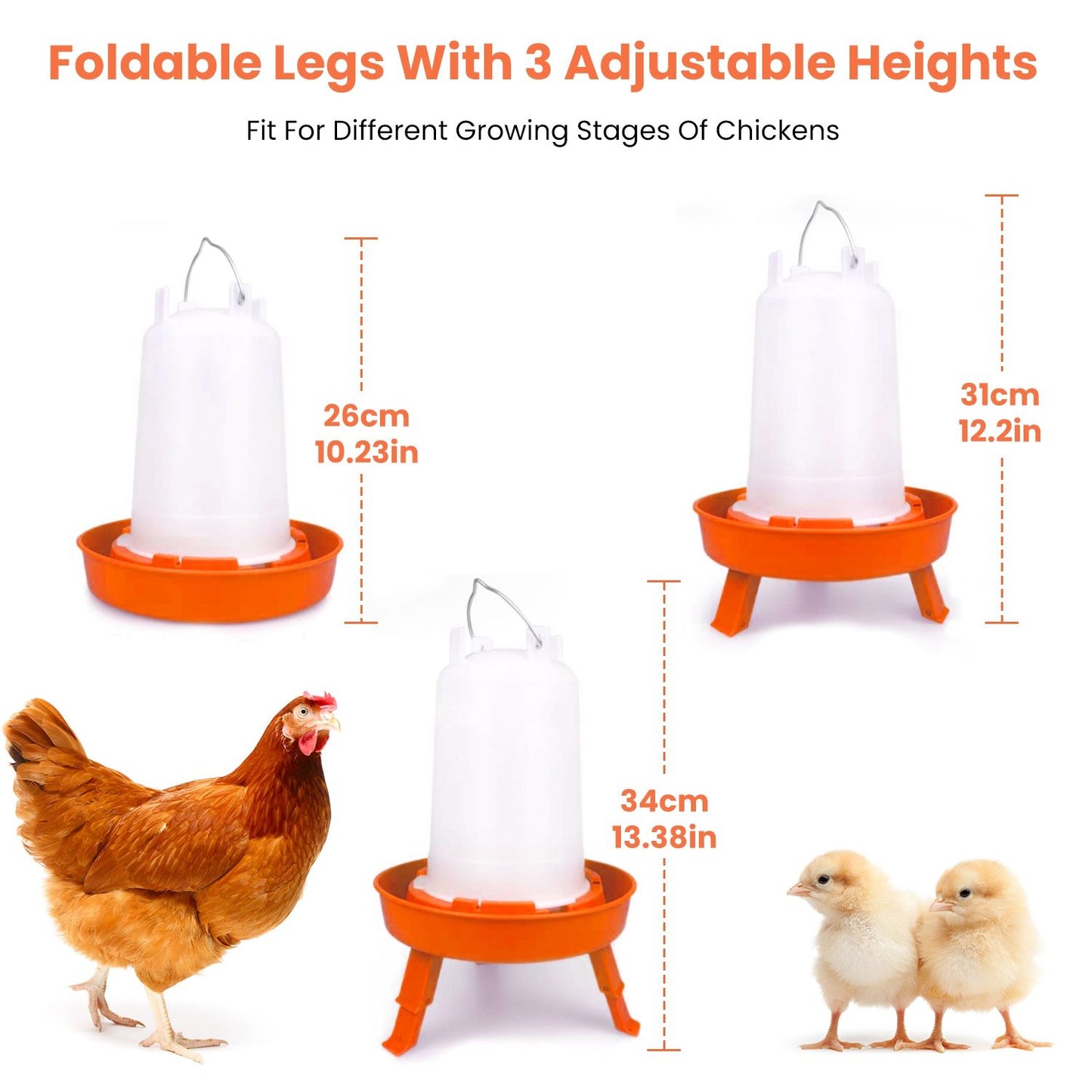 Waterer with foldable legs shown at three adjustable heights for chicks and hens