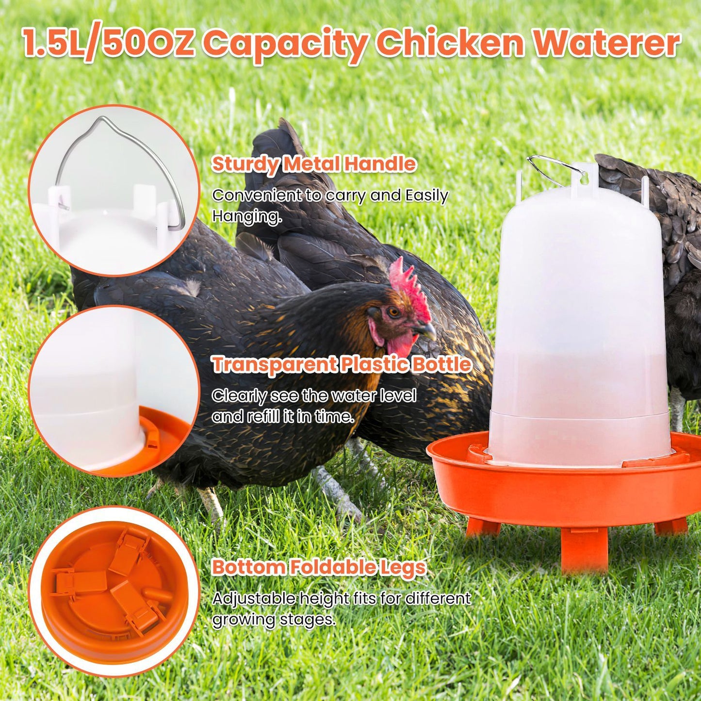 1.5L transparent waterer with metal handle and adjustable foldable legs