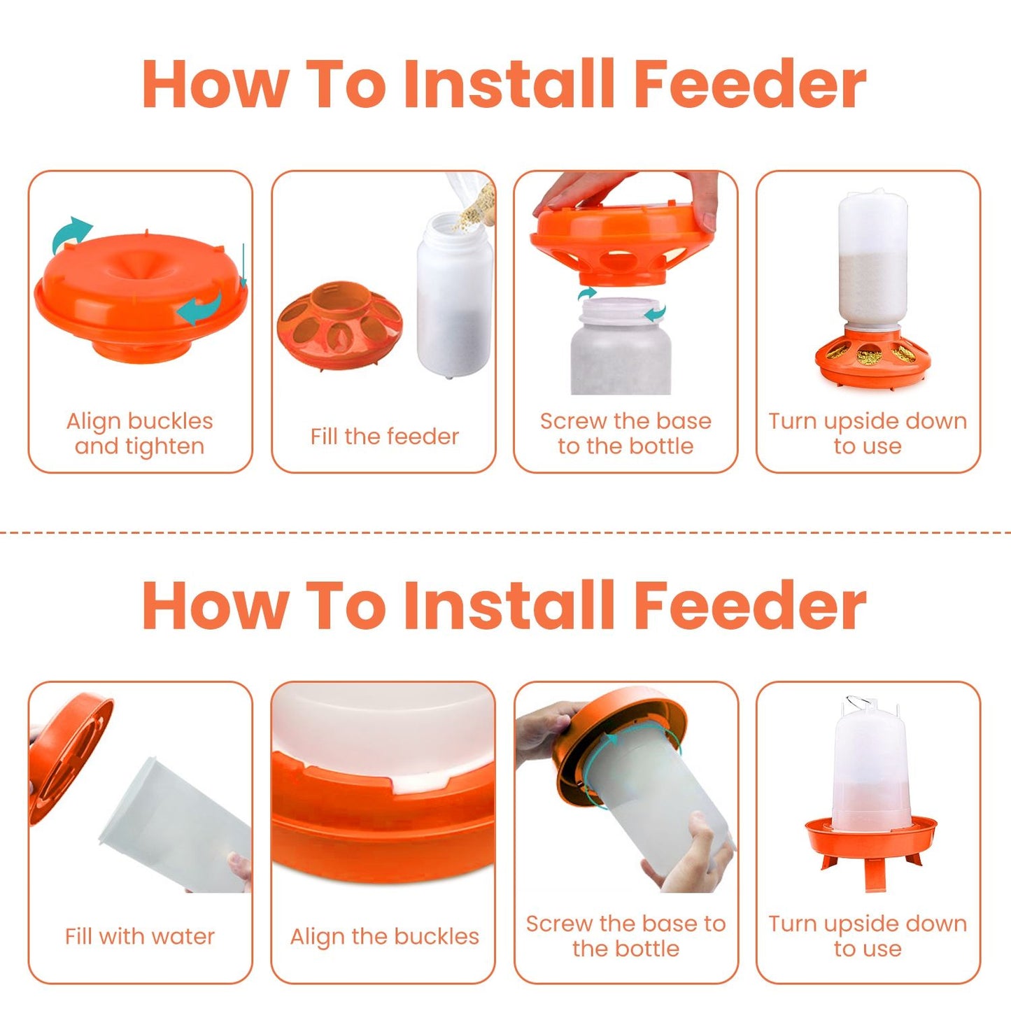 Installation steps showing how to fill, align buckles, screw base and invert feeder and waterer