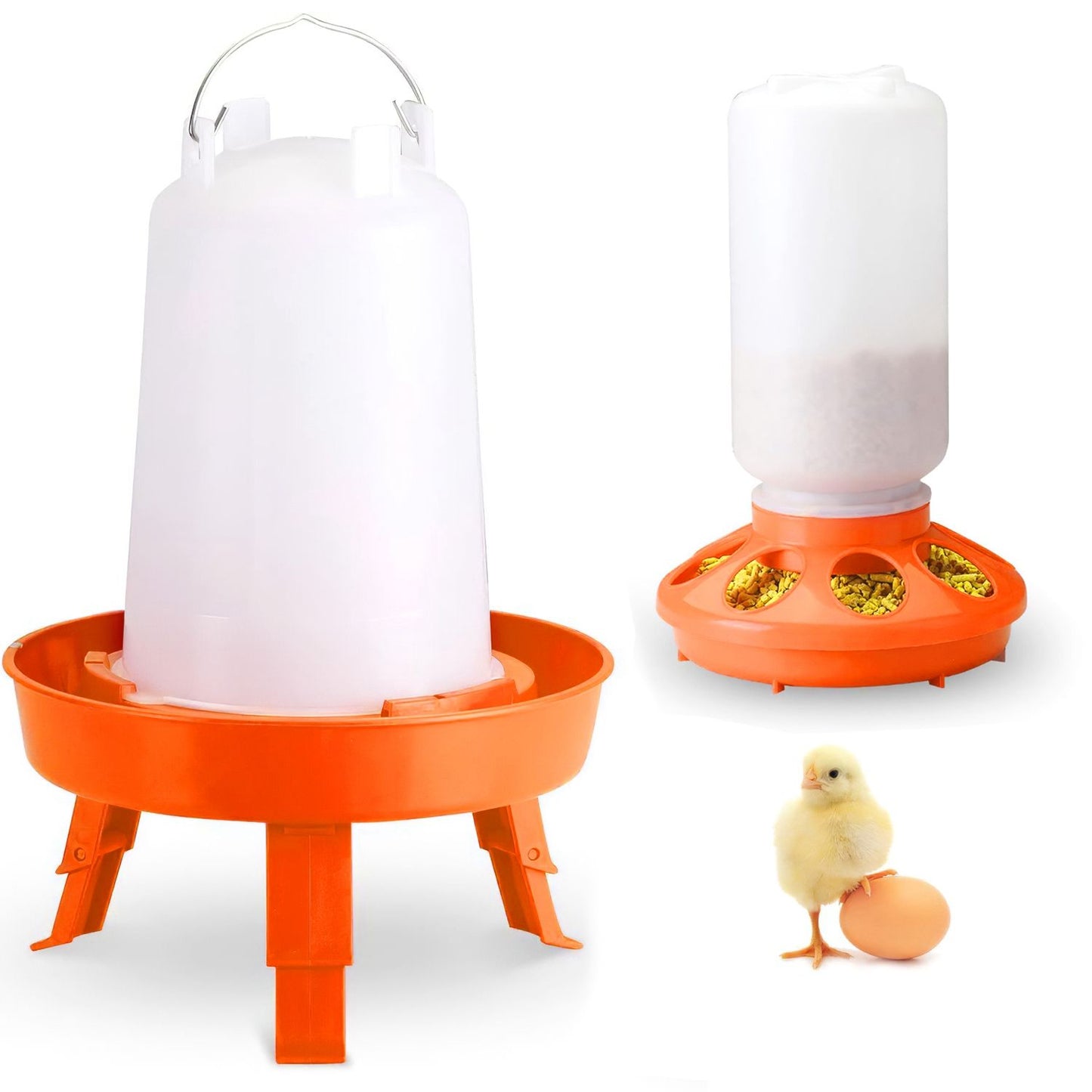 Waterer with foldable legs and feeder shown with a chick and egg to illustrate scale