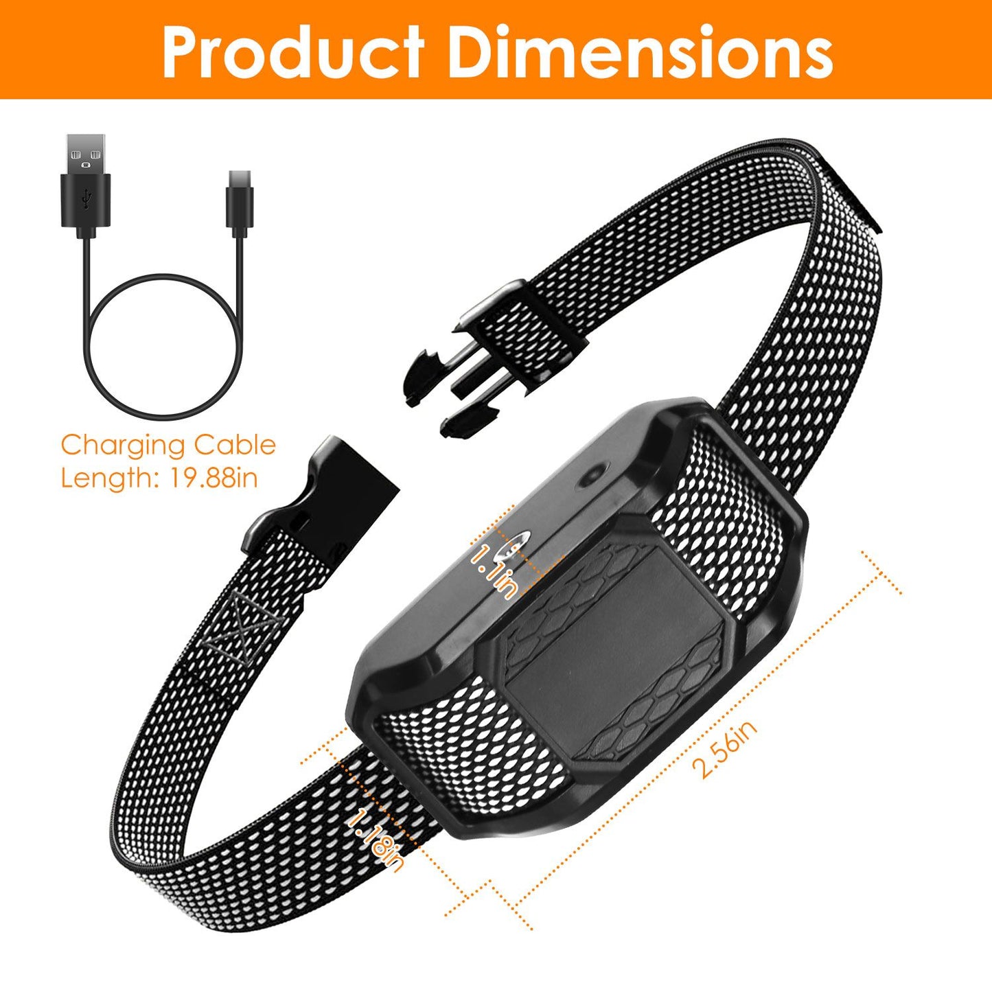 Citronella collar receiver with dimensional annotations and charging cable length measurement