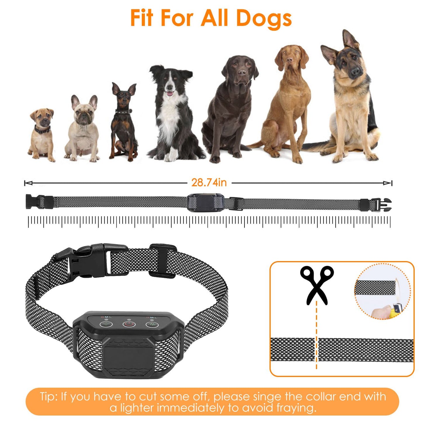 Adjustable citronella bark collar displayed with dog breed lineup and 28.74 inch length graphic