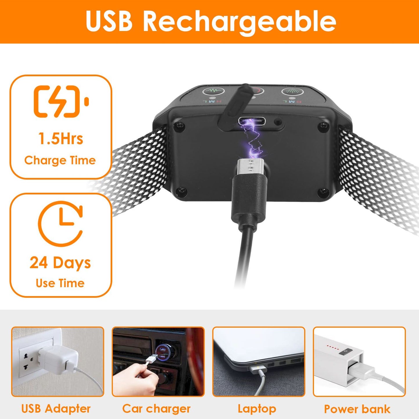 Citronella bark collar connected to a USB cable with charge time and long runtime icons